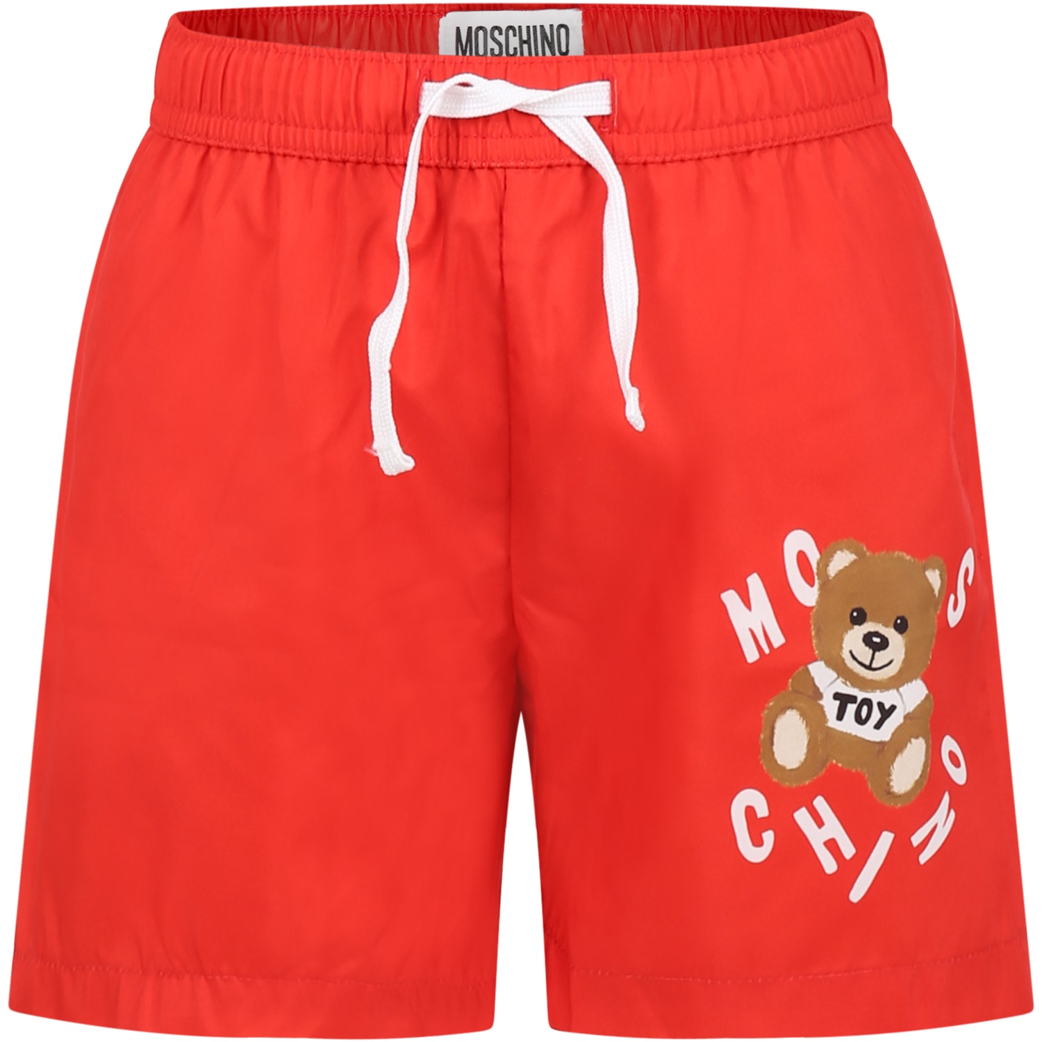 Moschino Red Swim Boxer For Boy With Teddy Bear And Logo