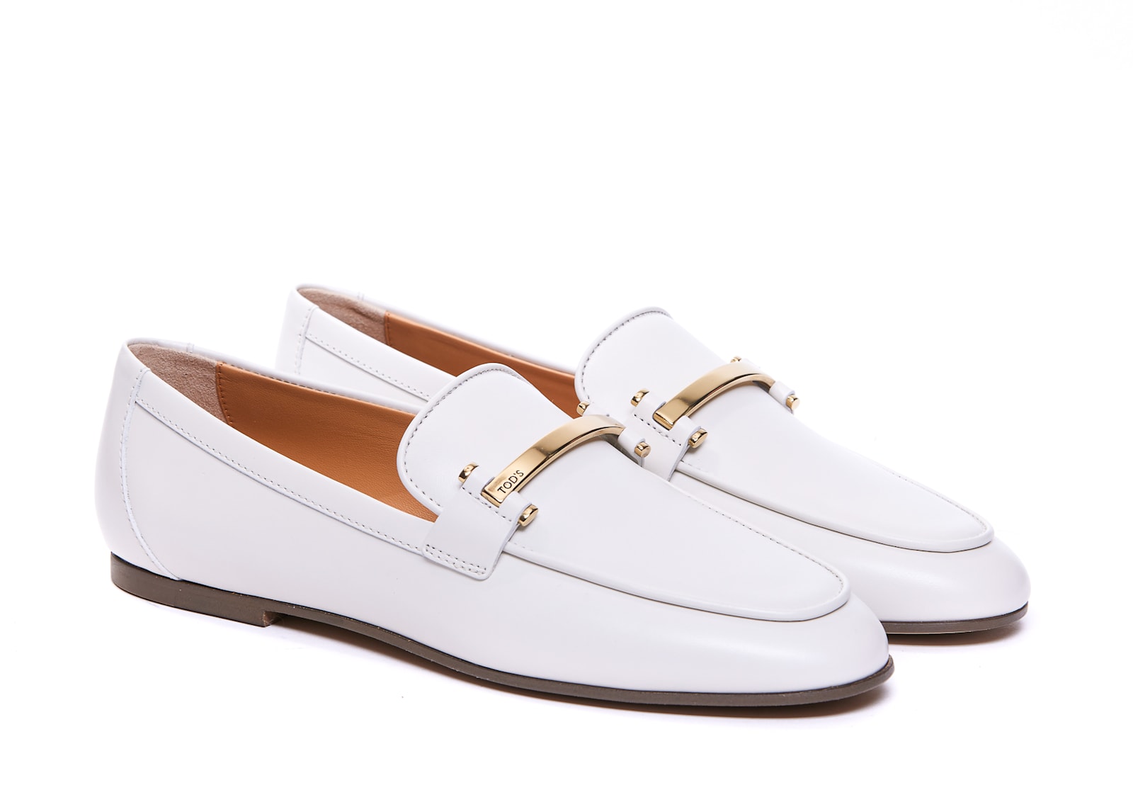 Tod's White Calfskin Moccasin With Gold Bar And Velcro Closure In Multi