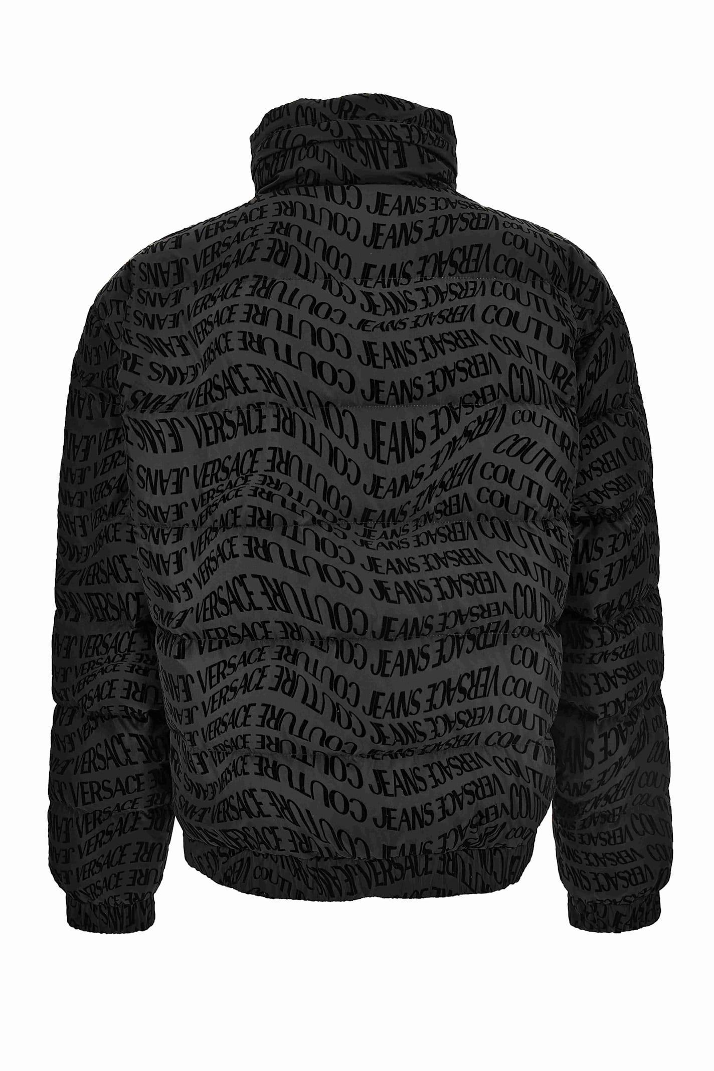 Versace Men S Short Down Jacket With All-over Logo In Black
