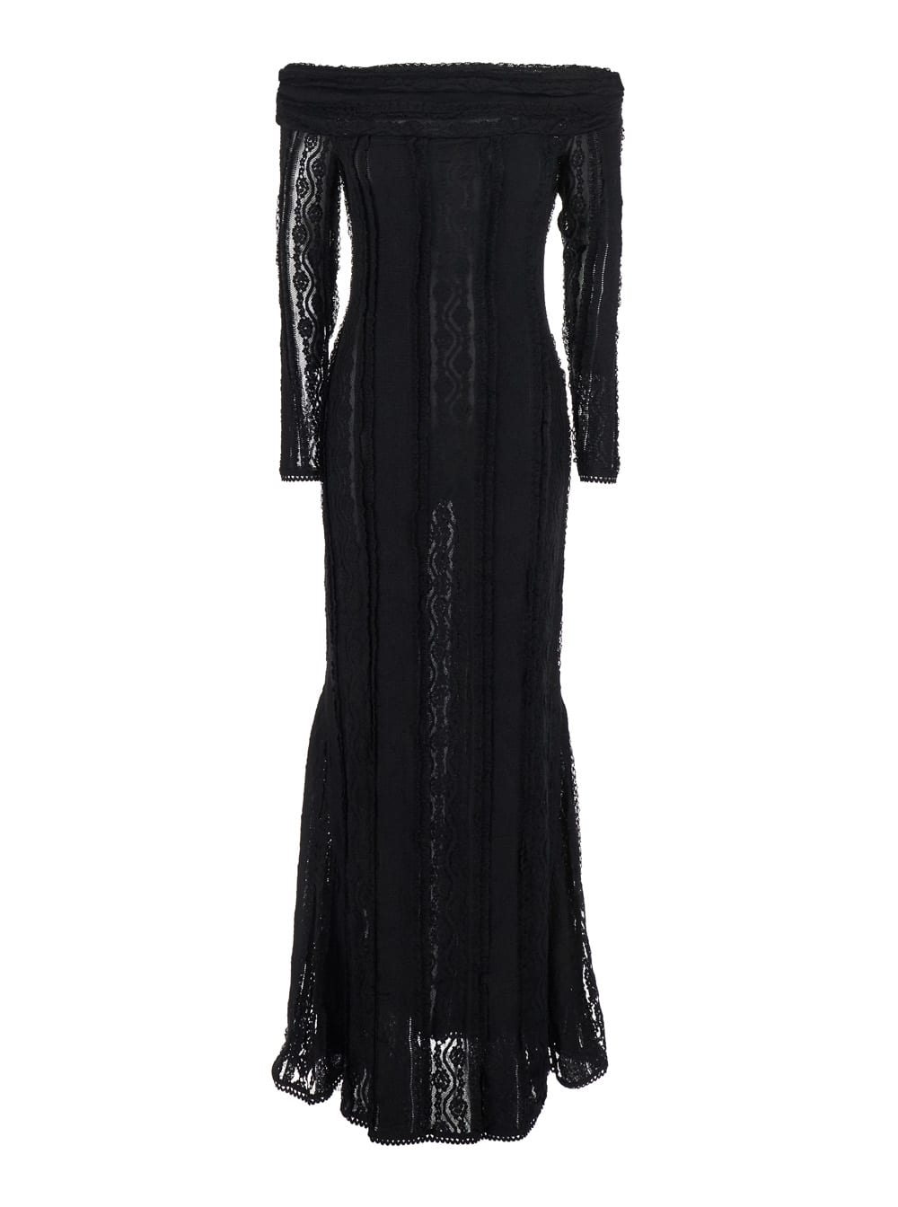 minerva Black Long Dress With Bardot Neckline And All-over Embroidery In Tech Fabric Woman