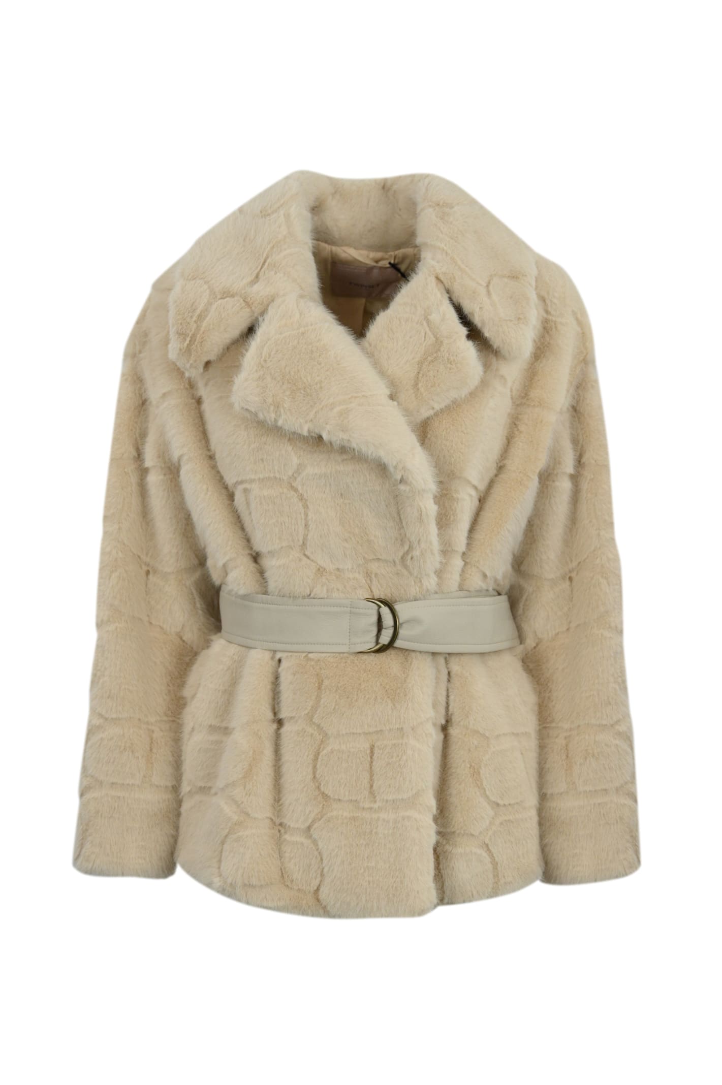 Shop Twinset Short Faux Fur Coat With Logo In White Cream