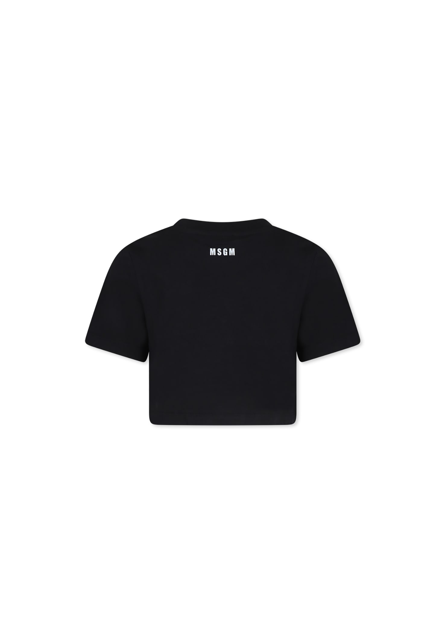 MSGM BLACK CROP T-SHIRT FOR GIRL WITH LOGO 