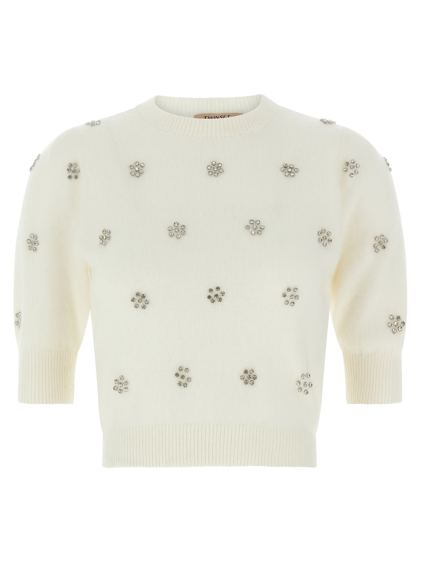 Twinset Creamy White Sweater With Floral Embellishments In White