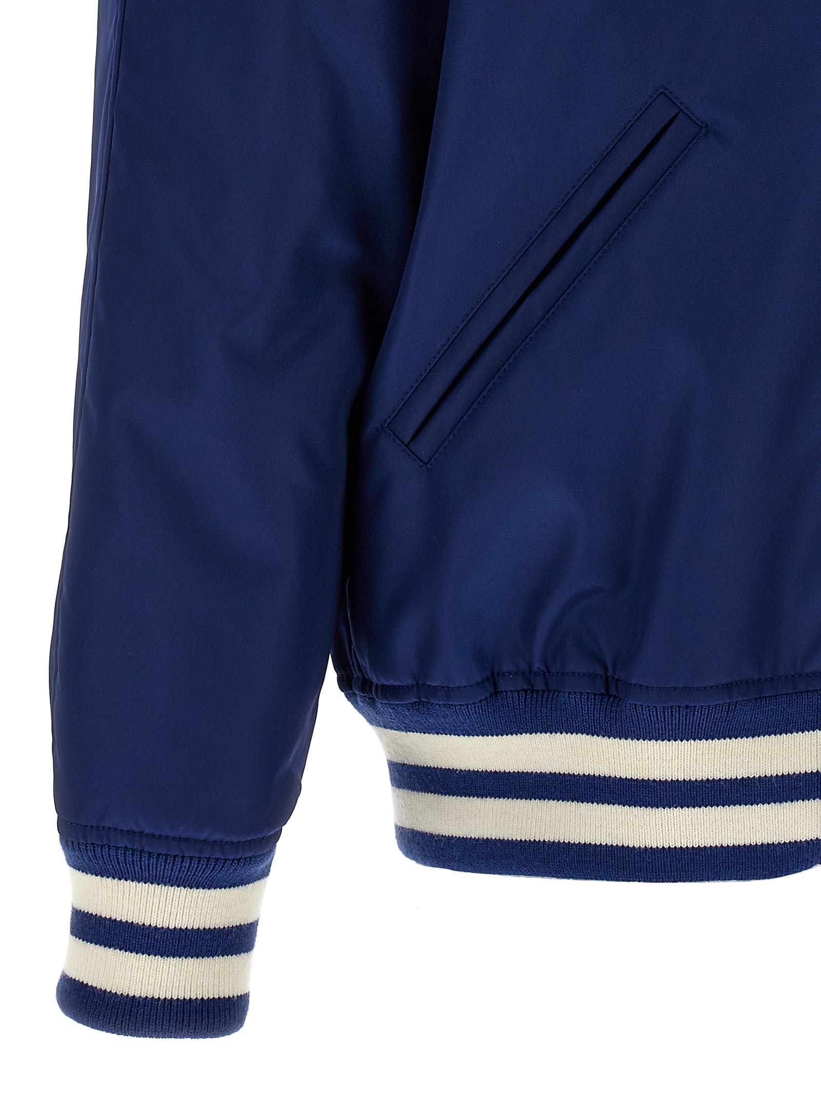 Valentino Blue Bomber Jacket In Printed Polyamide With Zip And High Collar In Blue