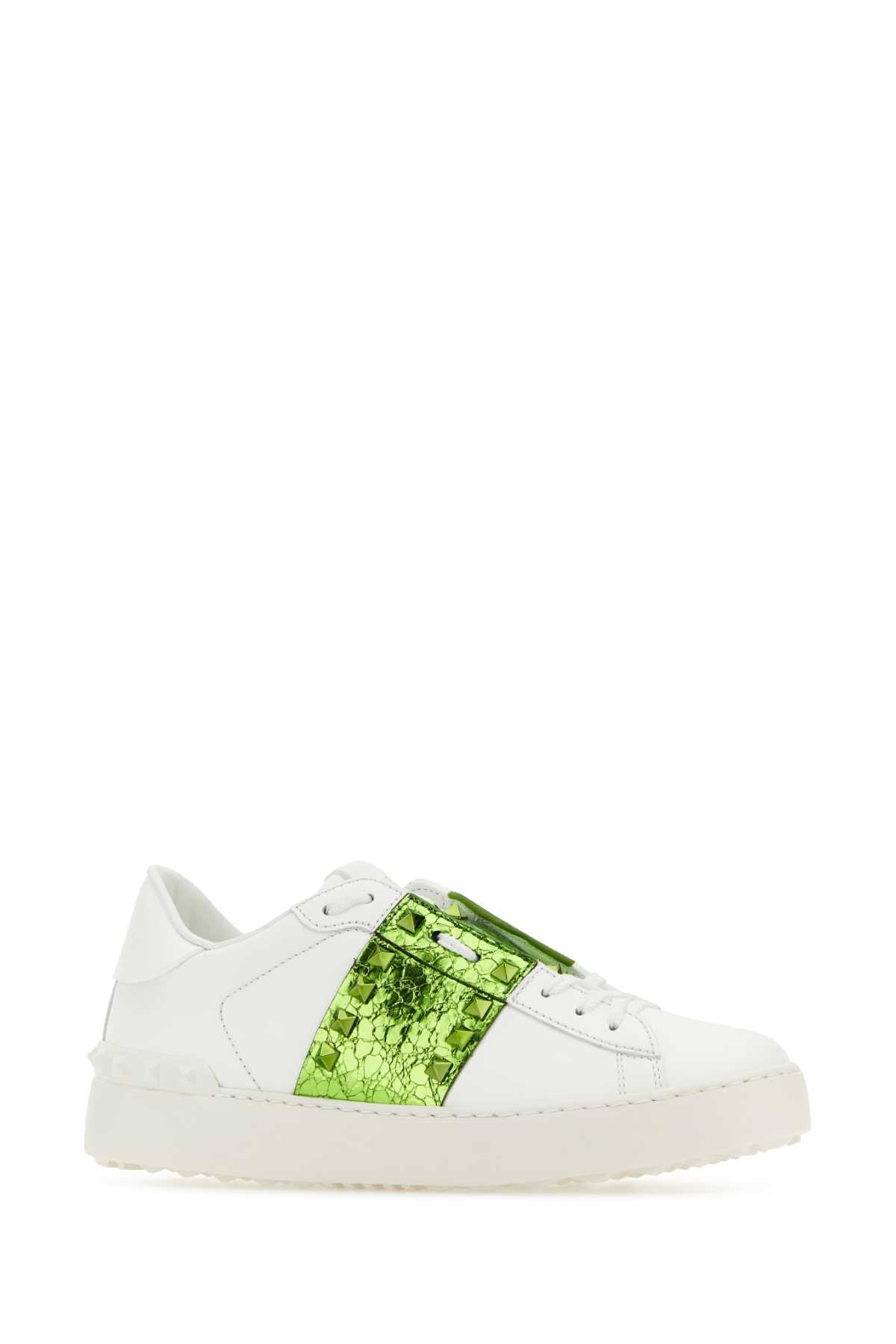 Shop Valentino White Leather Rockstud Untitled Sneakers With Grass Green Band In Biachabia