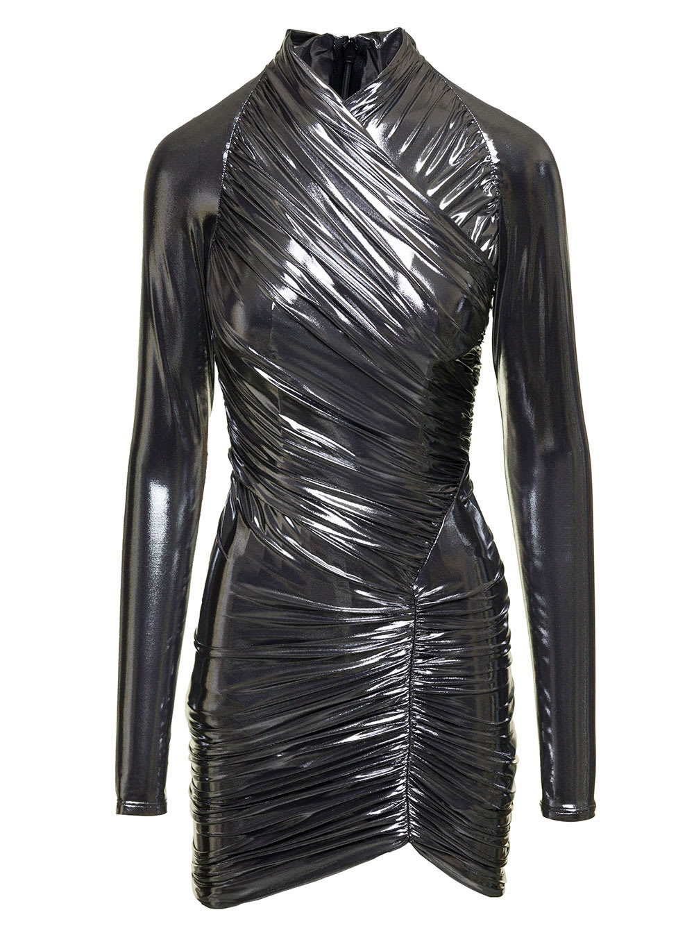 Shop Ferragamo Mini Silver-colored Gathered Dress In Laminated Fabric Woman In Metallic