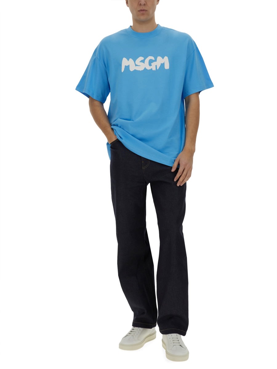 Msgm Crew Neck Cotton T-shirt In Azure