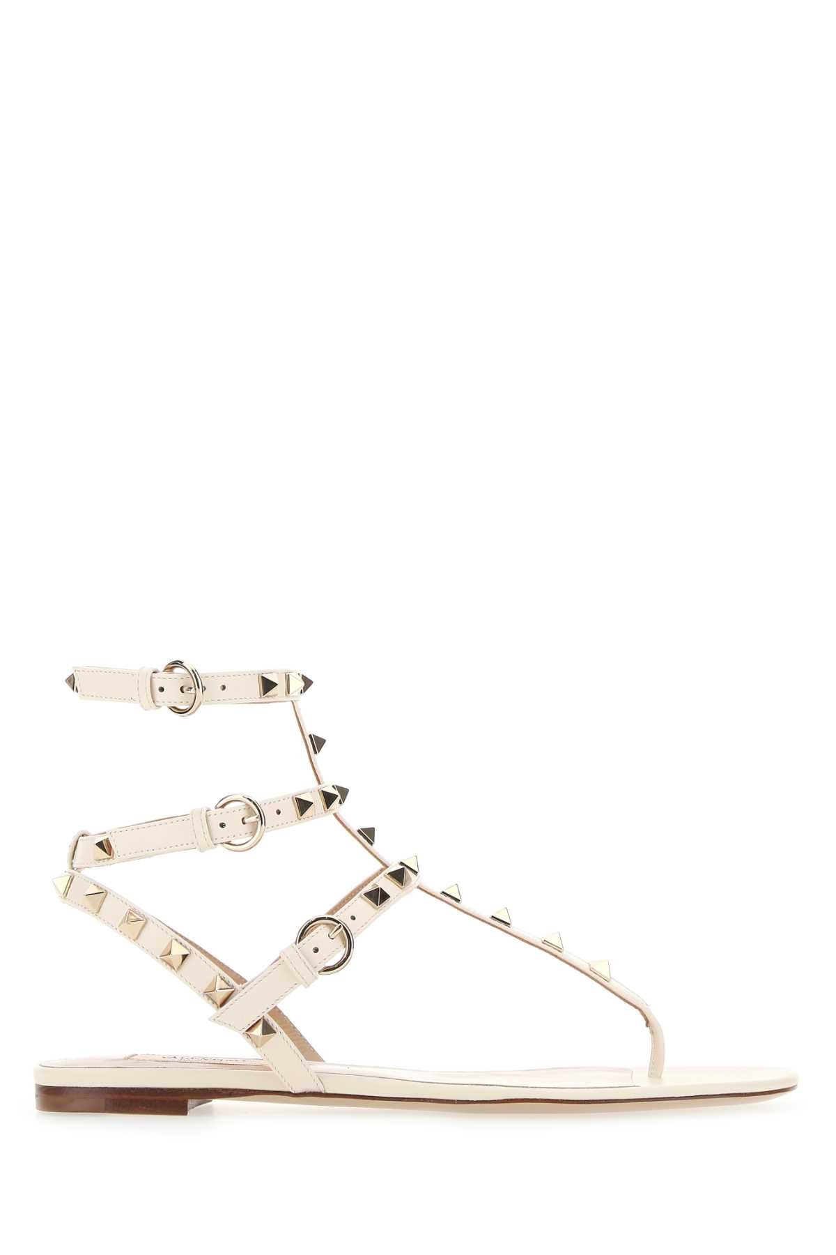 Shop Valentino Ivory Leather Rockstud Thong Sandals In Lightivory