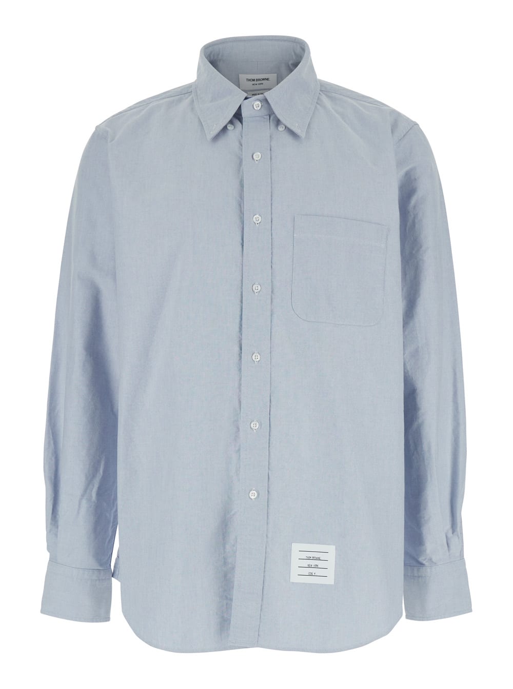 THOM BROWNE LIGHT BLUE SHIRT WITH BUTTON-DOWN COLLAR AND STRIPED RWB DETAIL ON THE REAR IN COTTON MAN 