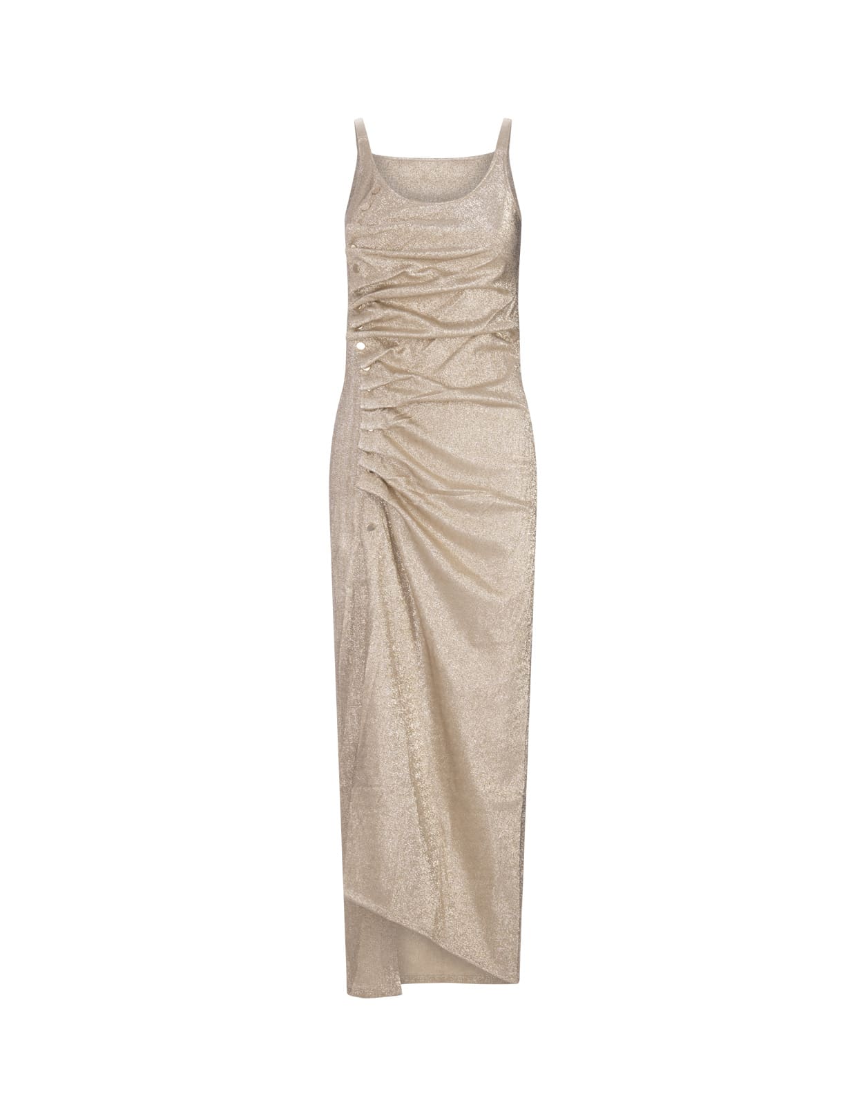 Rabanne Button-embellished Ruched Maxi Dress In Oro