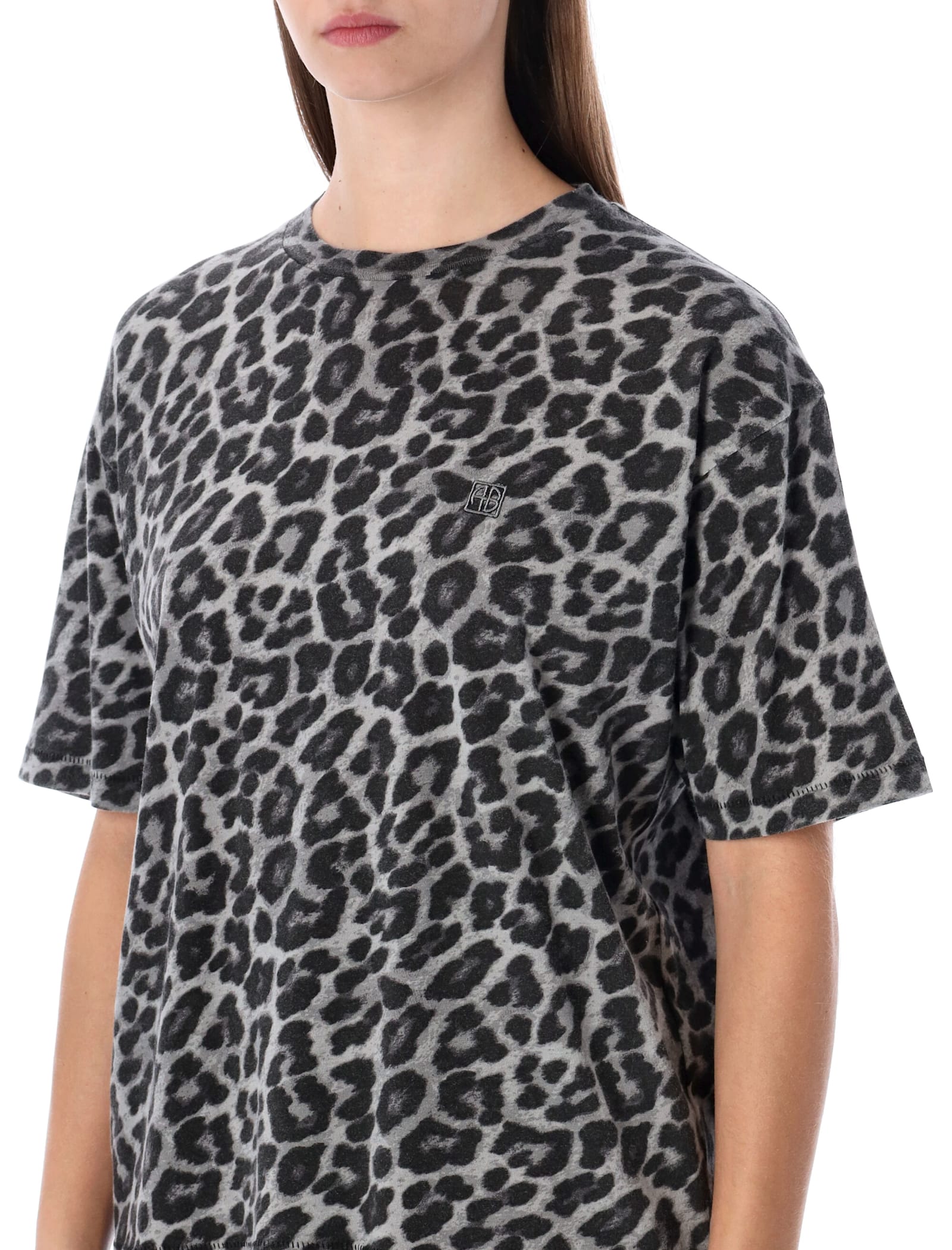 Anine Bing Grey Leopard Print Cotton Cohen Tee In Black