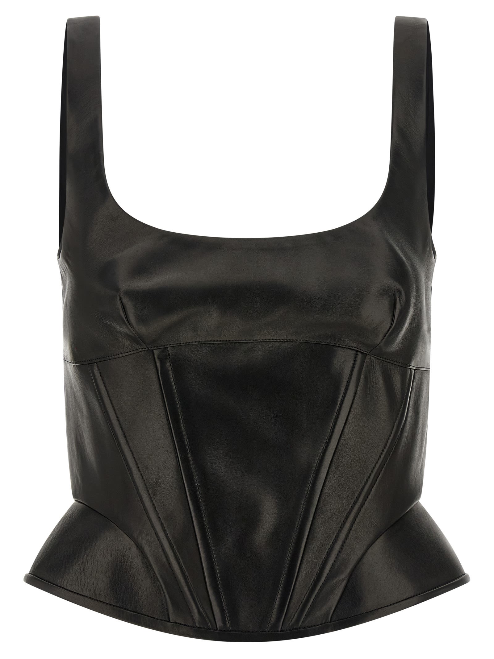 Ermanno Scervino Square Neckline Leather Top With Panel Detailing In Black