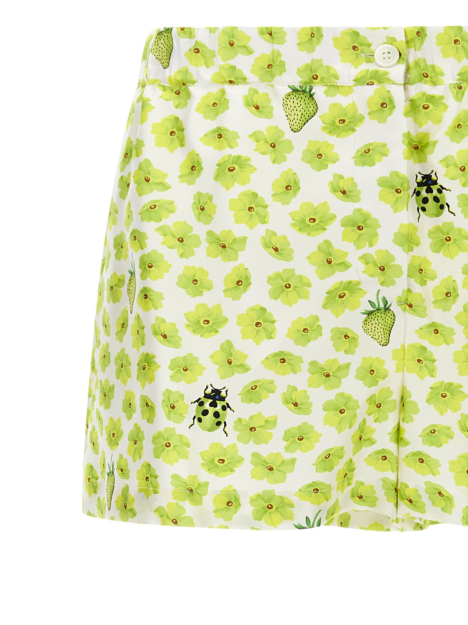 Versace Silk Twill Shorts With Strawberry Garden Print In Green