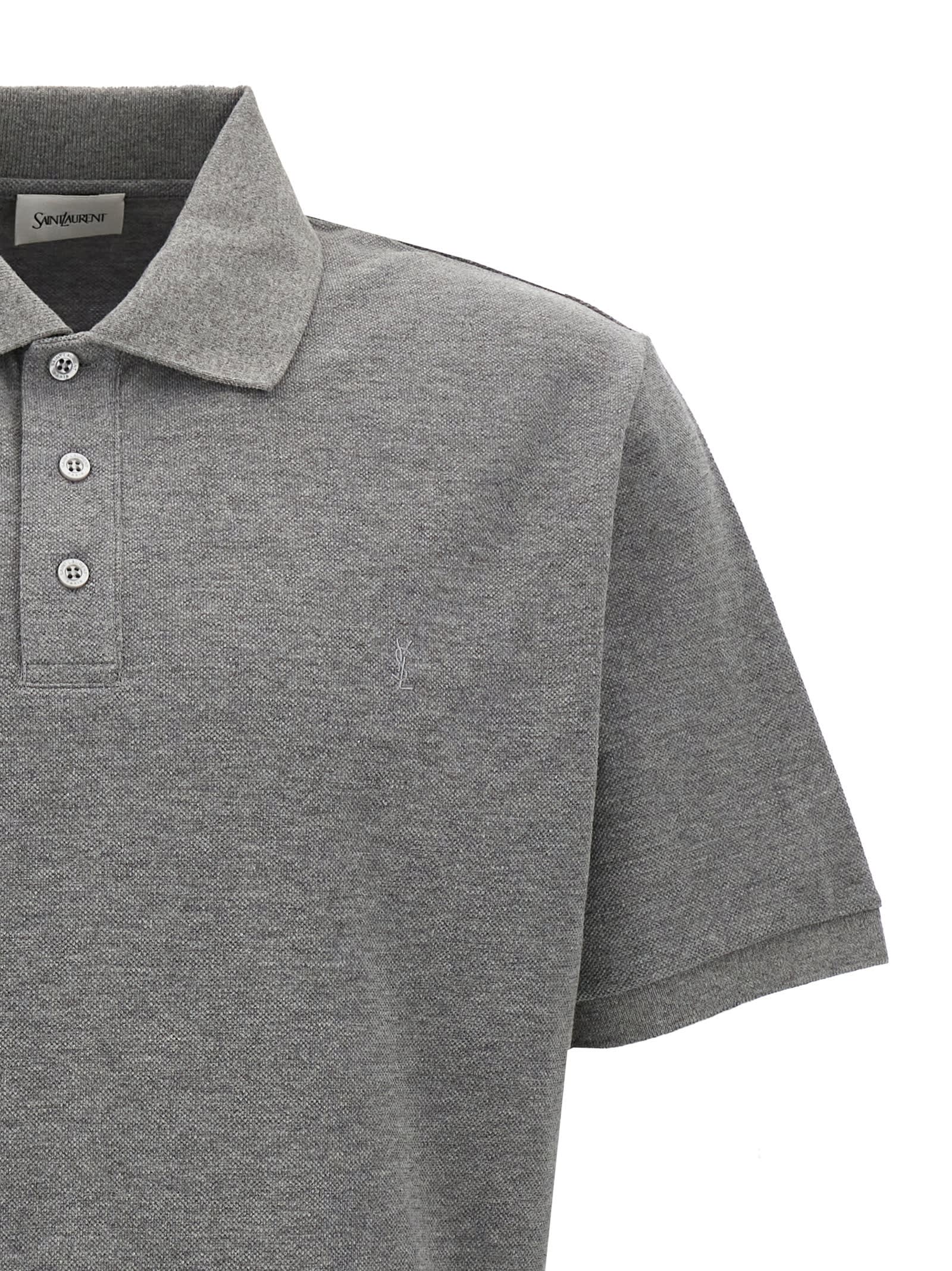 Shop Saint Laurent Logo Embroidery Polo Shirt In Gray