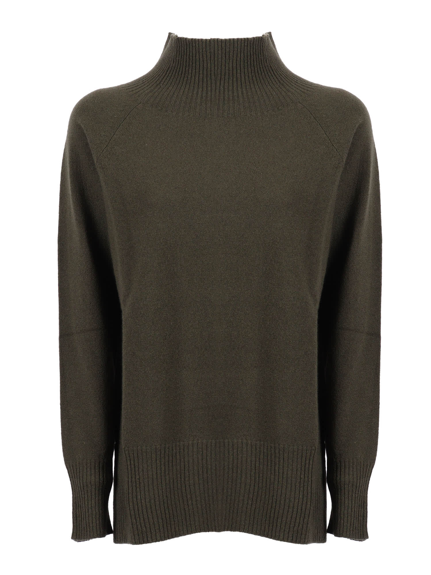 Kangra Cashmere Crater Neck Sweater With Raglan Sleeves And Vents In Green