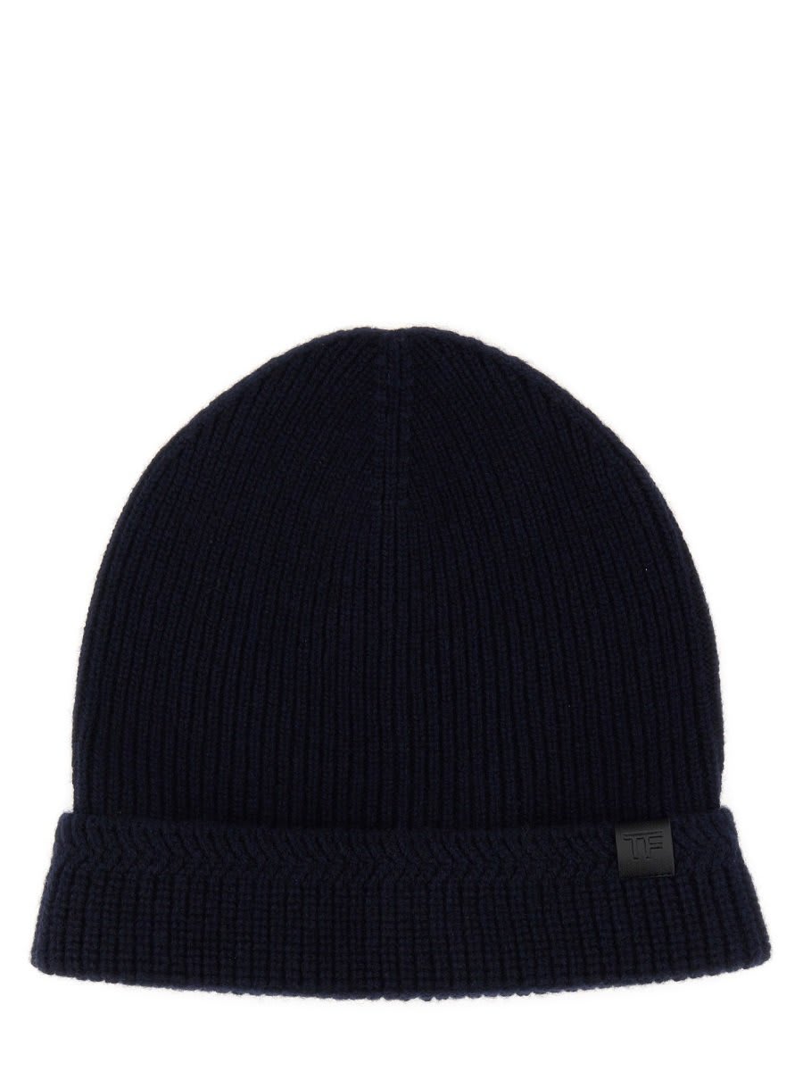 Shop Tom Ford Tf Patch Ribbed Beanie In Blue