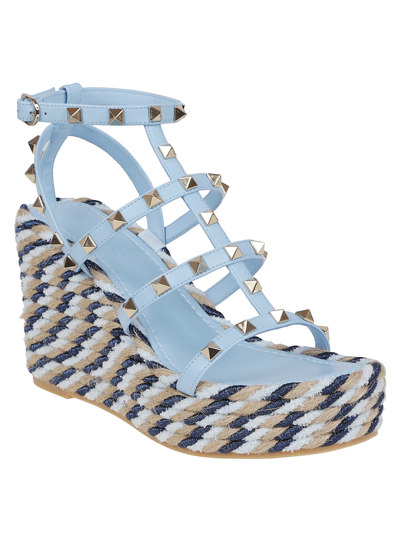 Valentino Garavani Rockstud Calfskin Wedge Sandal With Straps 95mm Woman Baltic Blue 37 In Multi