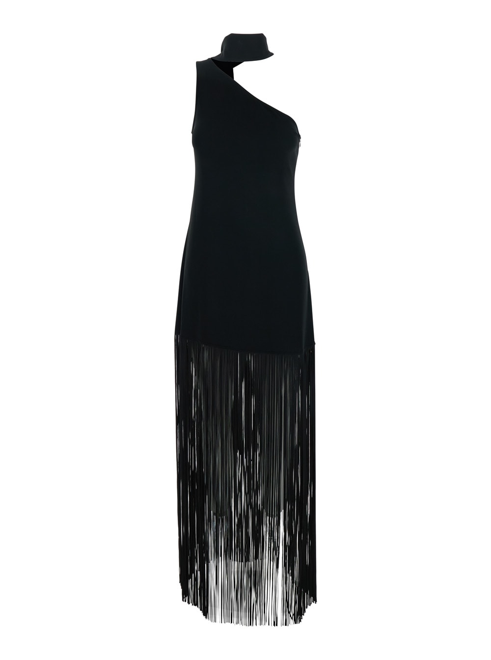 Taller Marmo atlanta Black Long Dress With Asymmetric Neck And Fringed Detail In Viscose Blend Stretch Woman