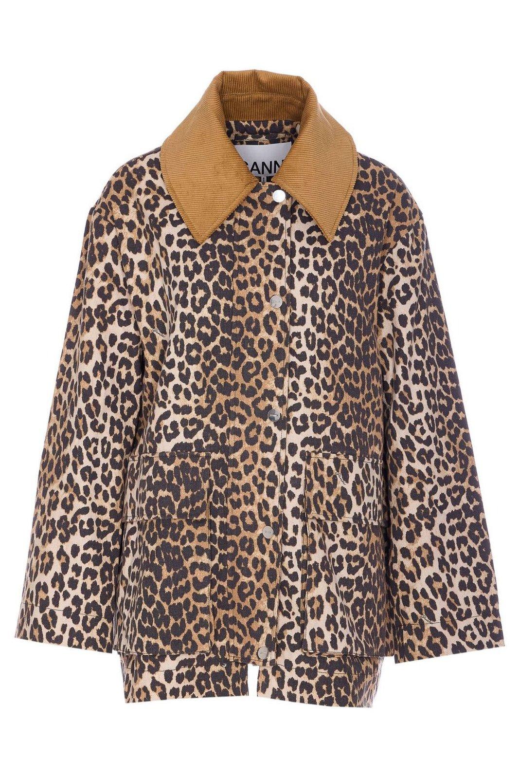 Ganni Leopard Printed Canvas Midi Puffer Jackets Brown In Multi