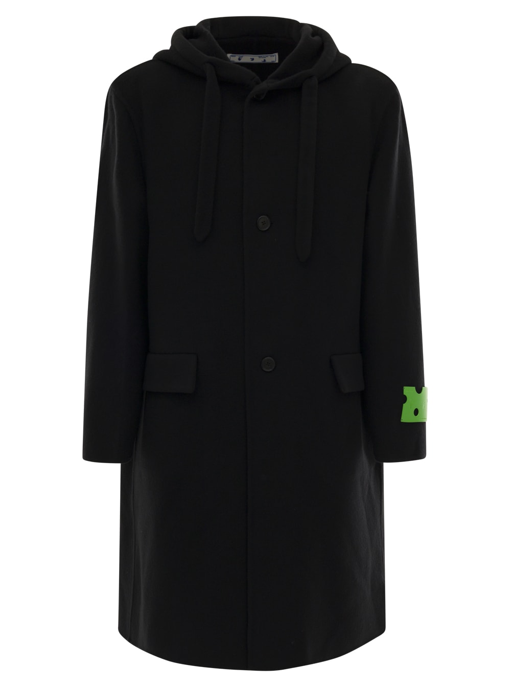 Black Hooded Coat With Contrasting Brand Tag Detail In Cashmere Man Off-white