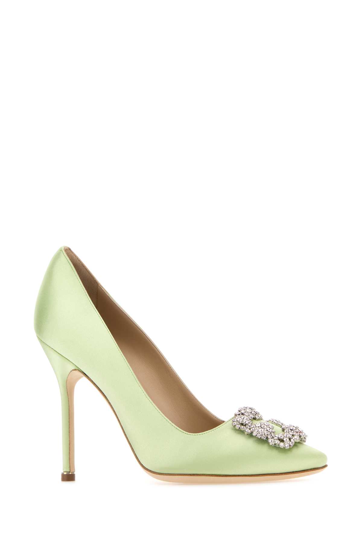 Shop Manolo Blahnik Pastel Green Satin Hangisi Pumps In Lgrn