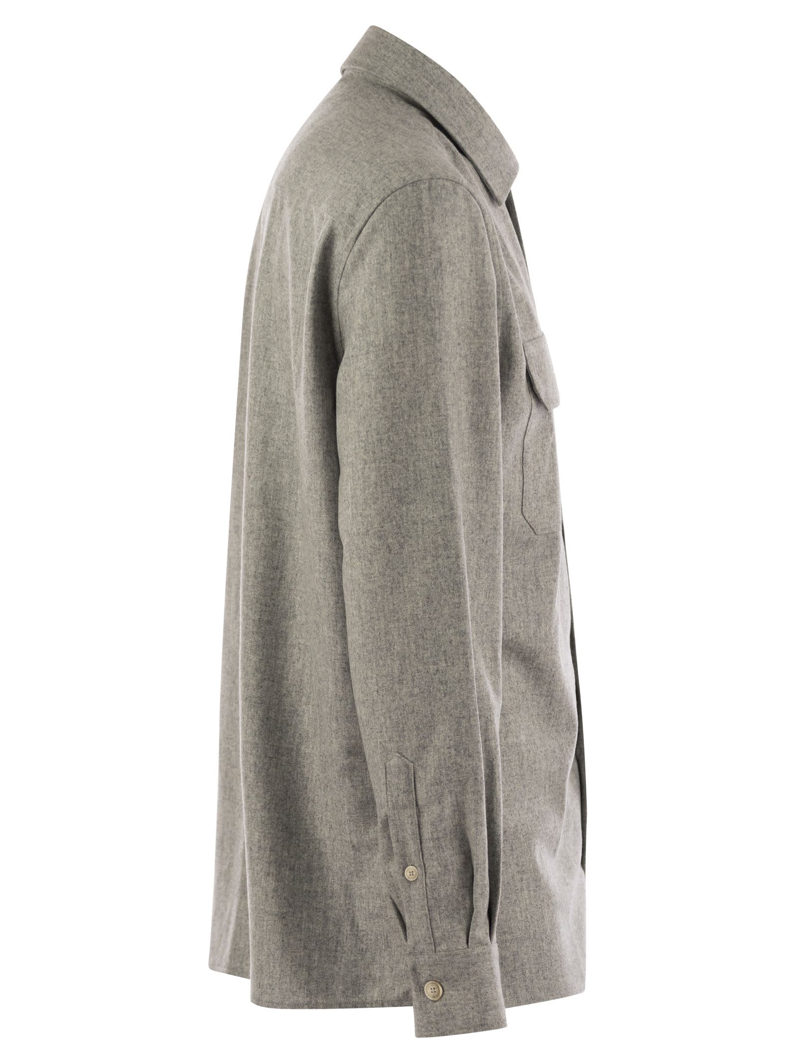 Shop Brunello Cucinelli Virgin Wool Over Shirt With Pockets In Pearl