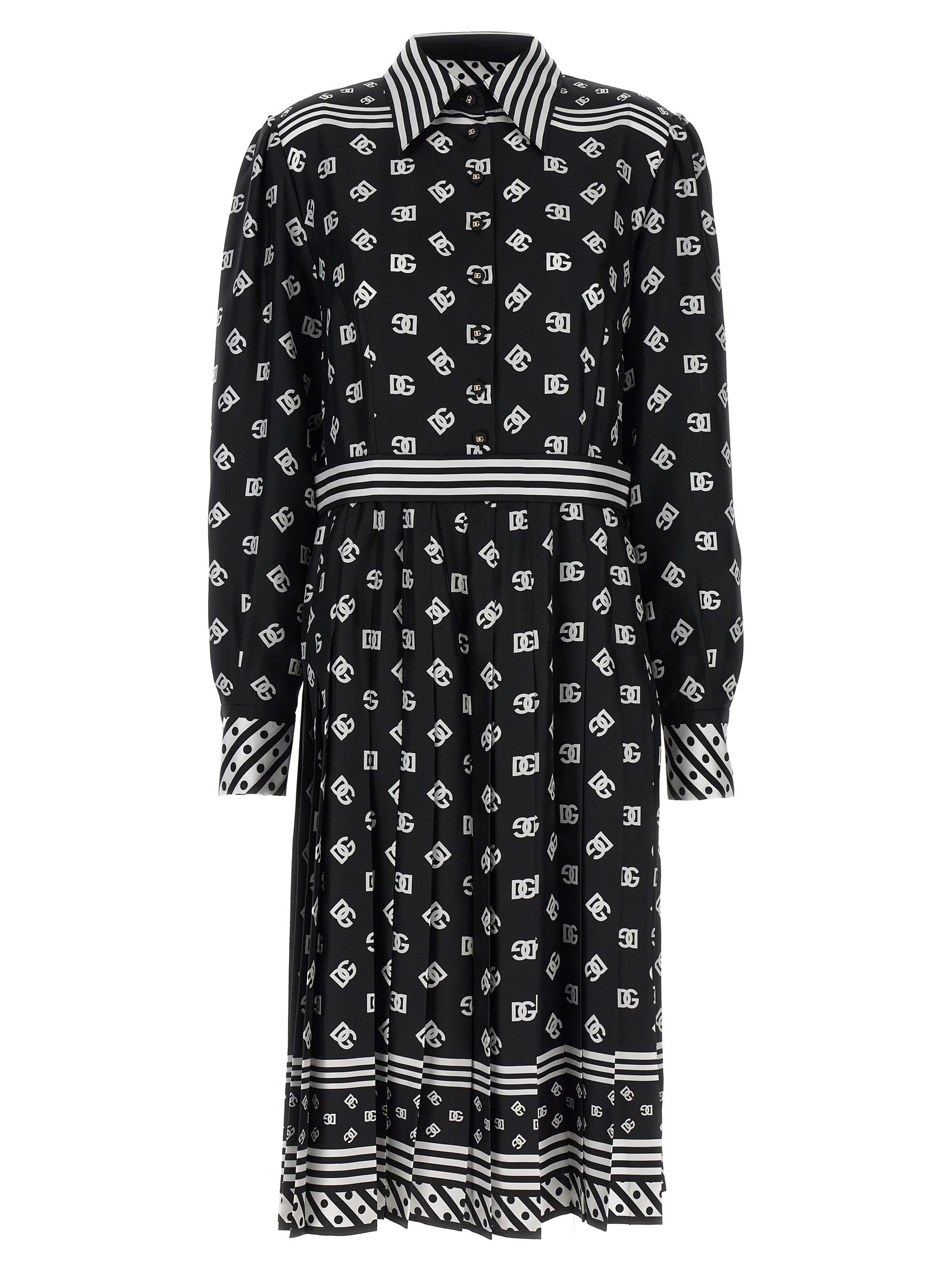 Dolce & Gabbana Scarf Dress With Long Sleeves And Pleated Skirt In White/black