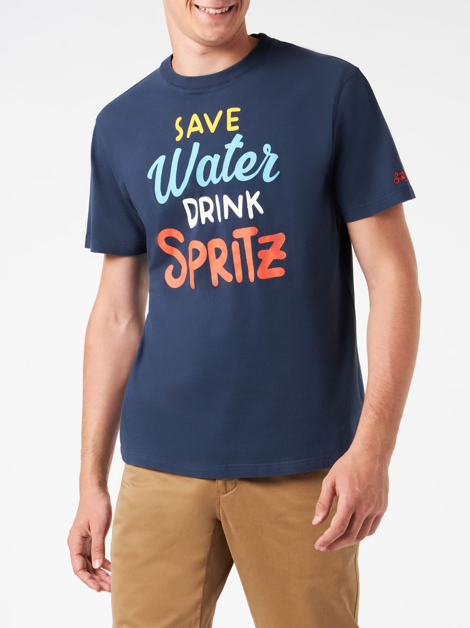 Mc2 Saint Barth Man Heavy Cotton T-shirt With Spritz Print In Blue