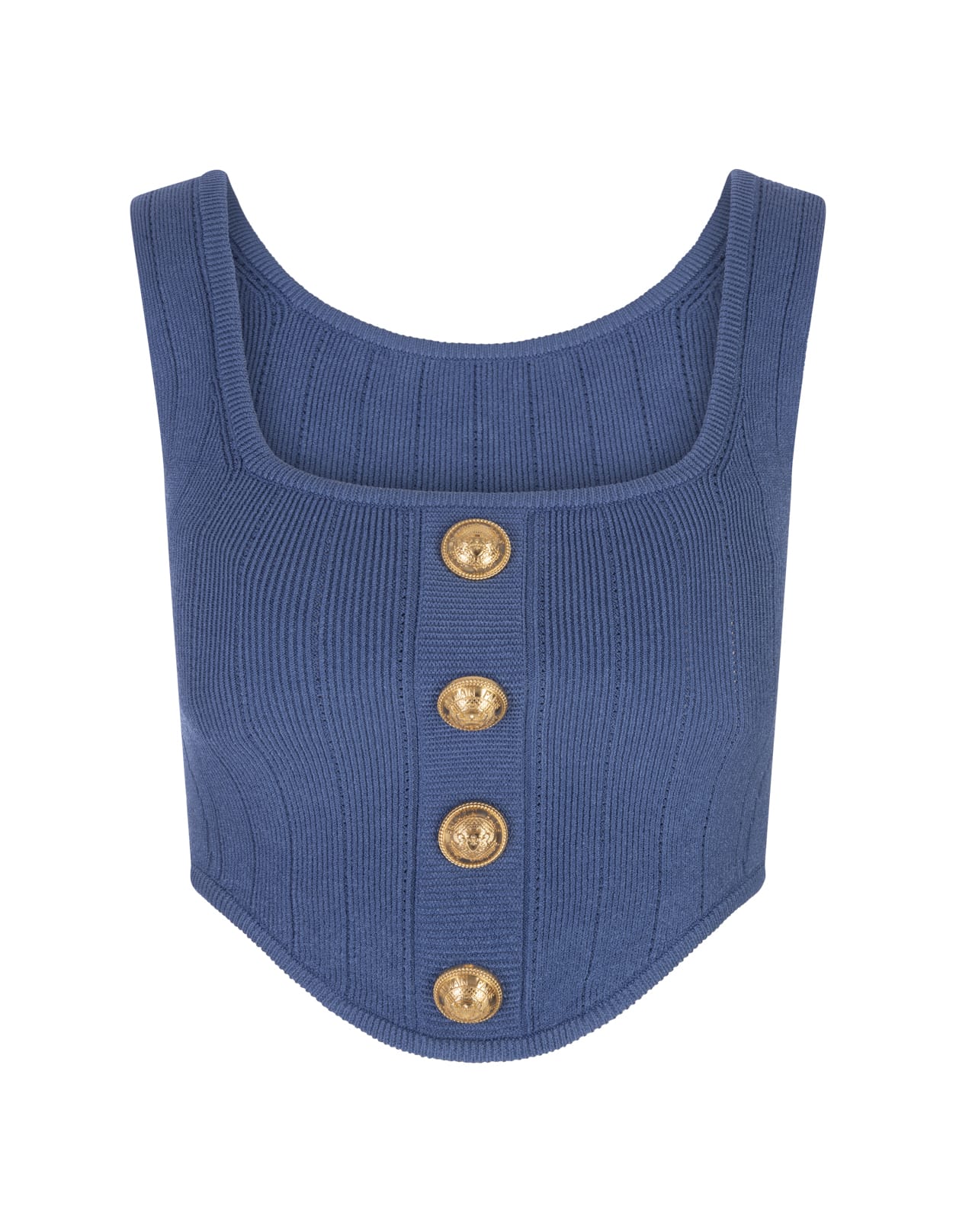 BALMAIN BLUE KNITTED CORSET TOP WITH BUTTONS