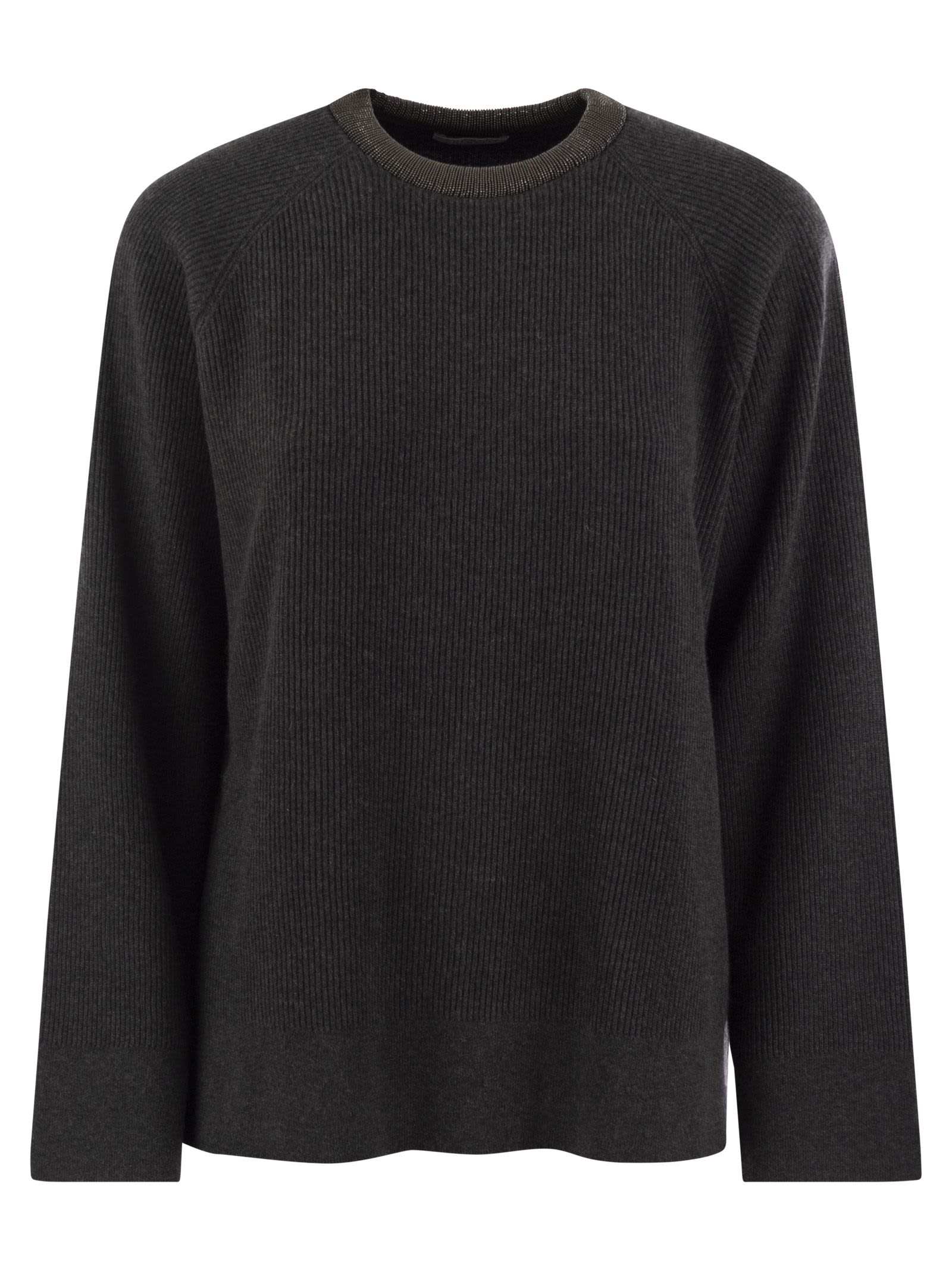 Brunello Cucinelli Ribbed Cashmere Sweater With Necklace In Black