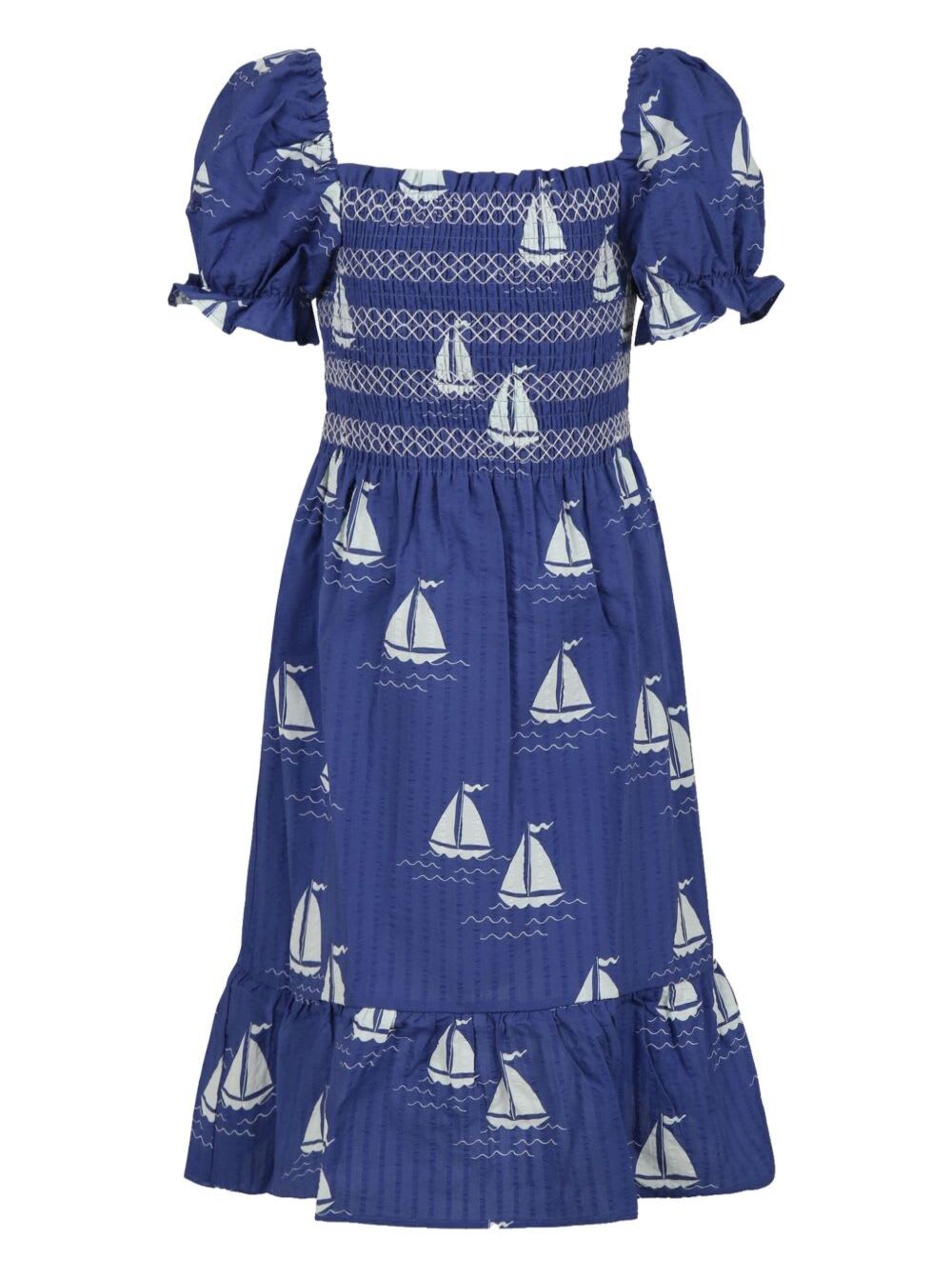 Shop Mini Rodini Blue Dress With Square Neckline And All-over Boat Print In Cotton Girl
