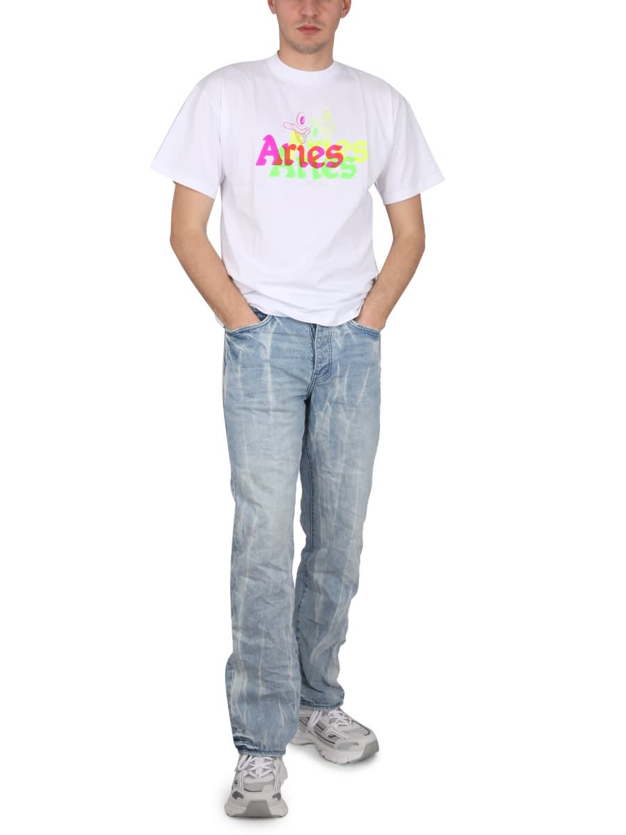 Aries Crew-neck Cotton T-shirt With Logo Maxi In White