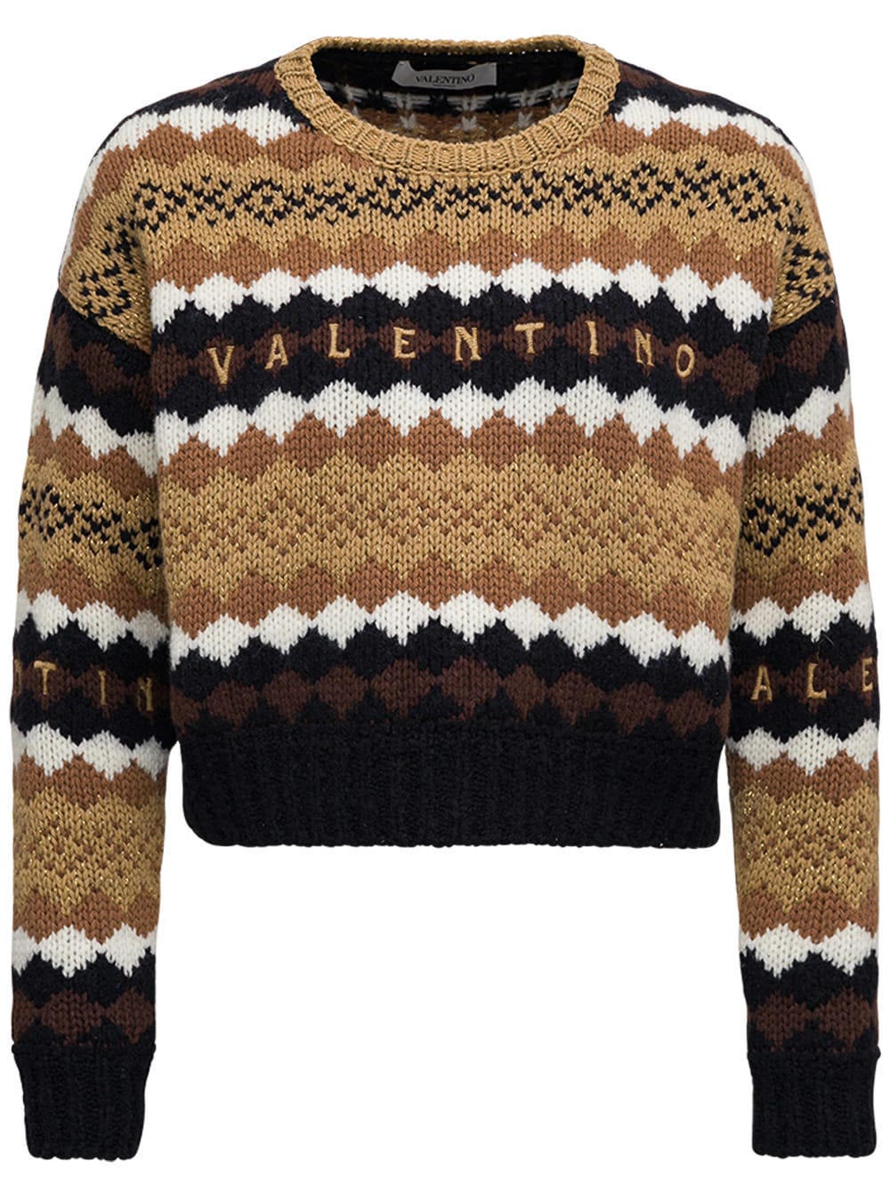 Valentino Cropped Wool Jacquard Sweater With Logo