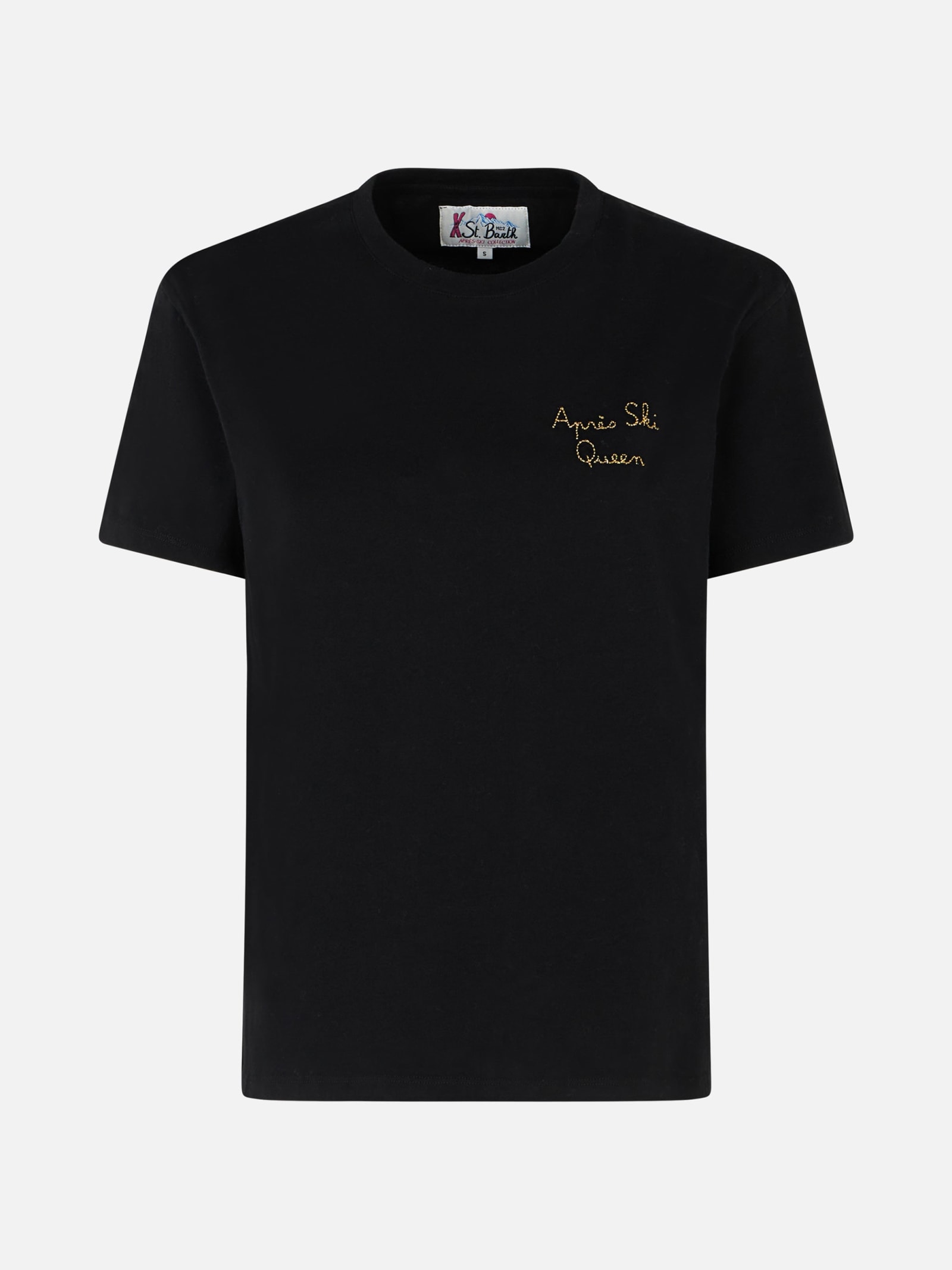 Mc2 Saint Barth Woman Heavy Cotton T-shirt With Aprés Ski Queen Embroidery In Black