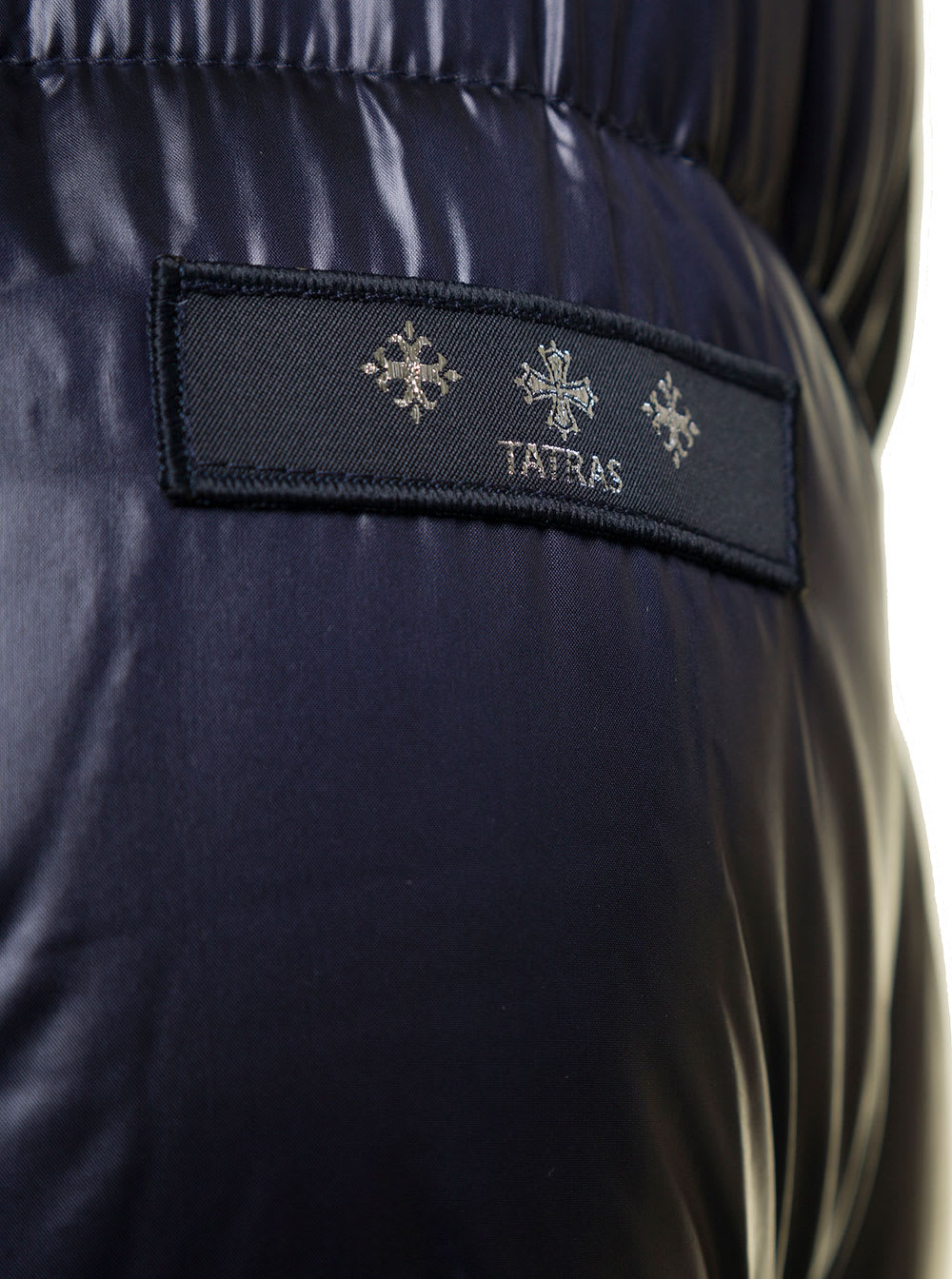 Shop Tatras Mejikino Long Blue Down Jacket With Hood And Logo Patch In Shiny Nylon Man