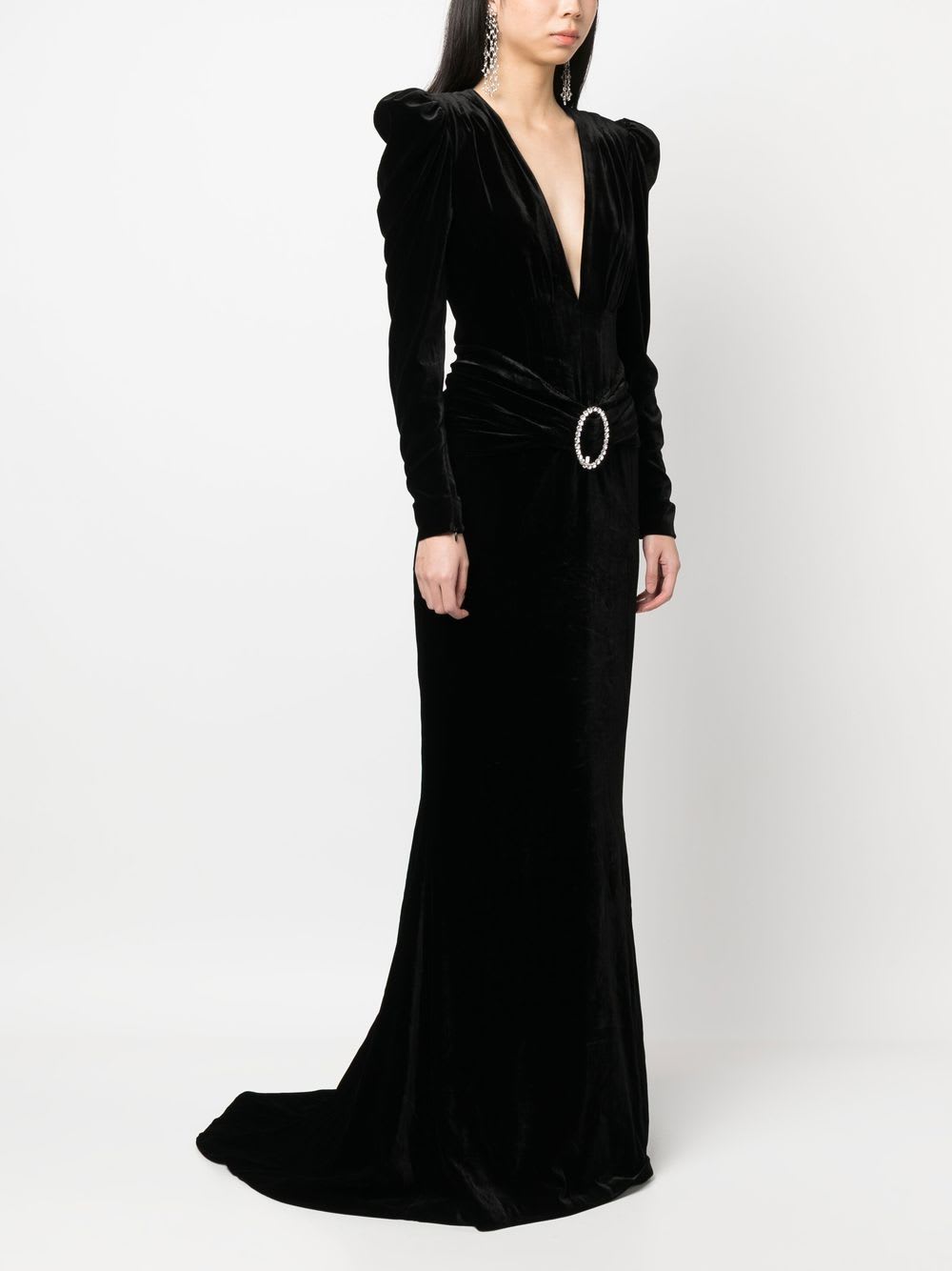 Alessandra Rich Deep Neckline Velvet Long Dress In Black