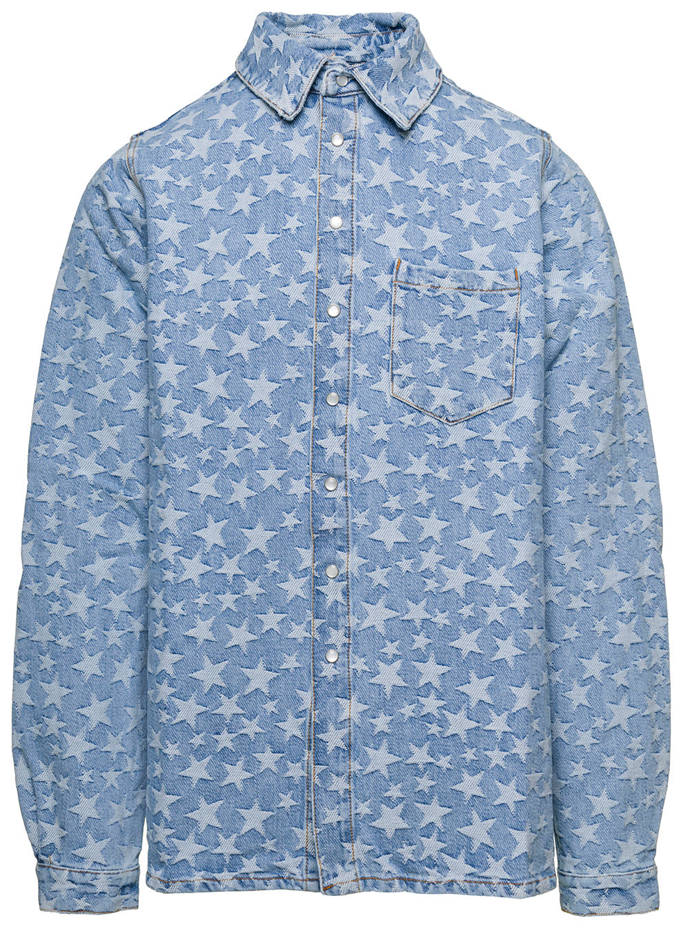 Light Blue Long Sleeve Shirt With All-over Star Print In Cotton Denim