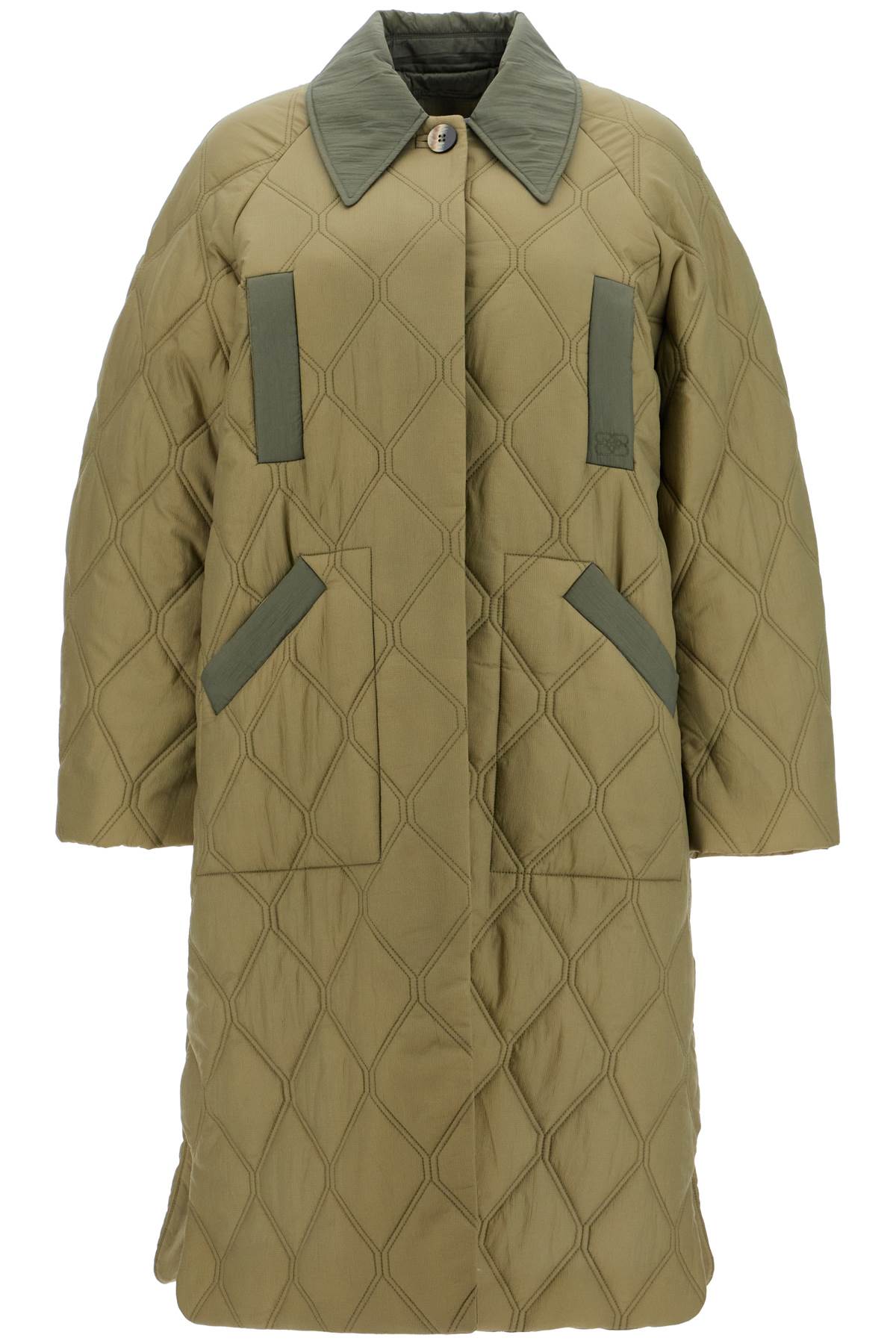 Shop Ganni Long Quilted Padded Coat In Kalamata (khaki)