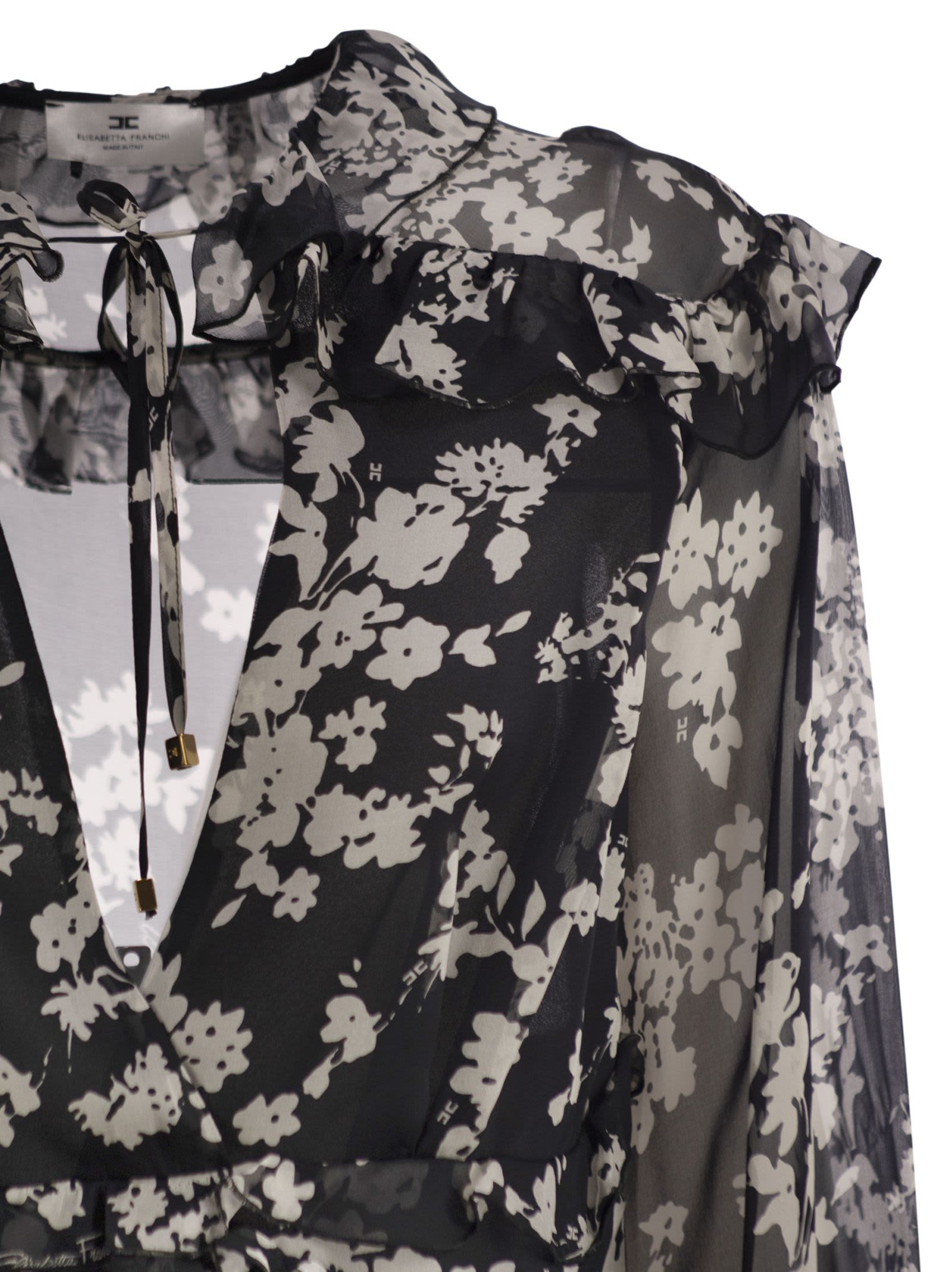 ワンピース ELISABETTA FRANCHI Printed silk voile dress with ruffles Elisabetta Franchi Printed Silk Voile Dress With Ruffles In