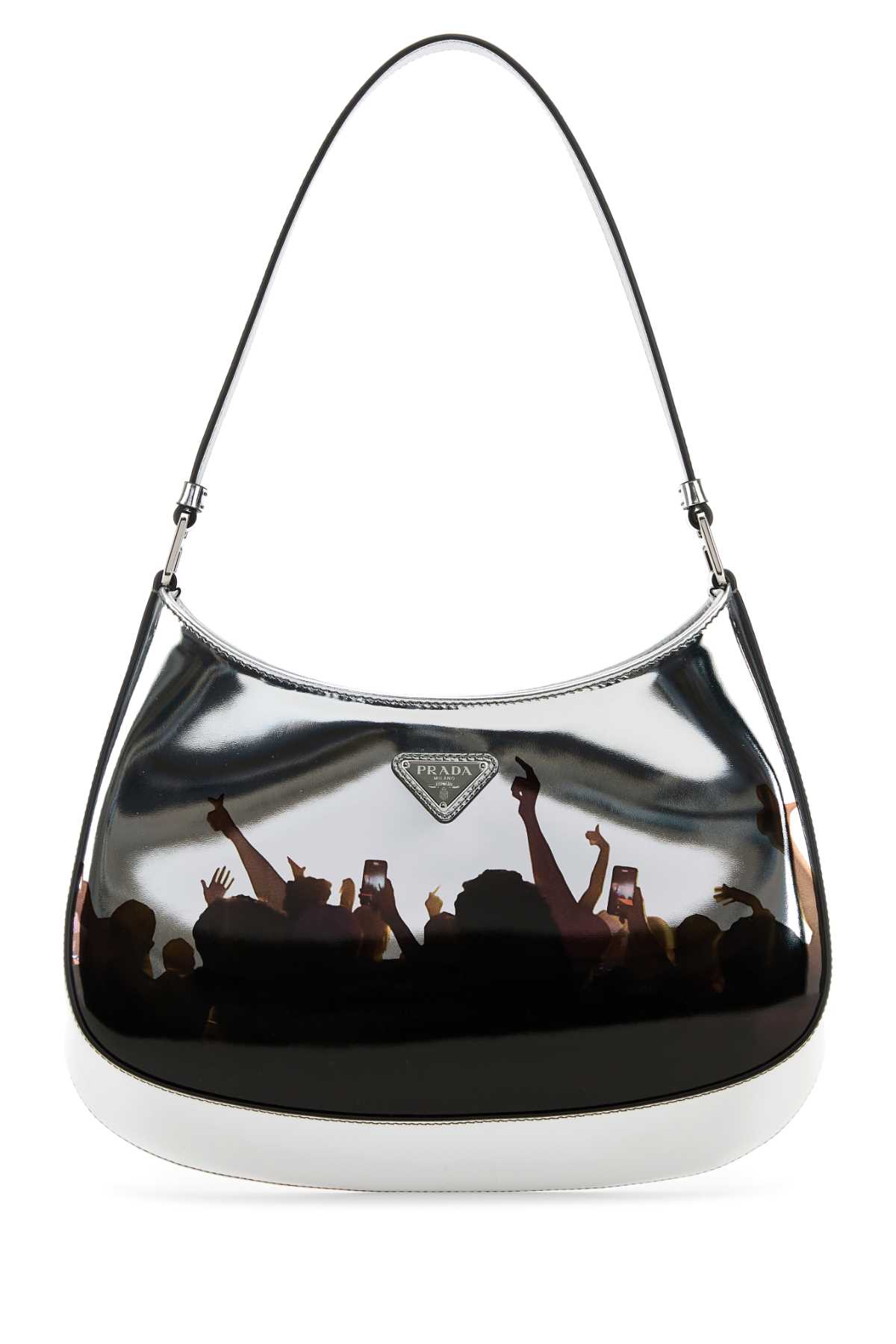Prada Cleo Concert-print Metallic Leather Shoulder Bag In Argento
