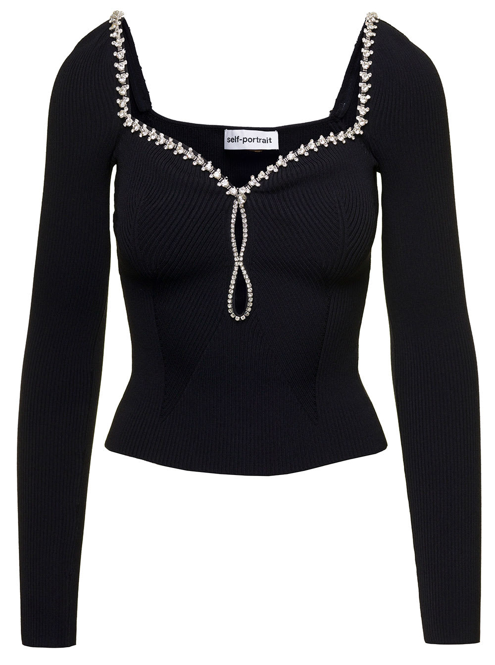 SELF-PORTRAIT BLACK LONG-SLEEVED TOP WITH SWEETHEART NECK AND RHINESTONES IN VISCOSE BLEND WOMAN