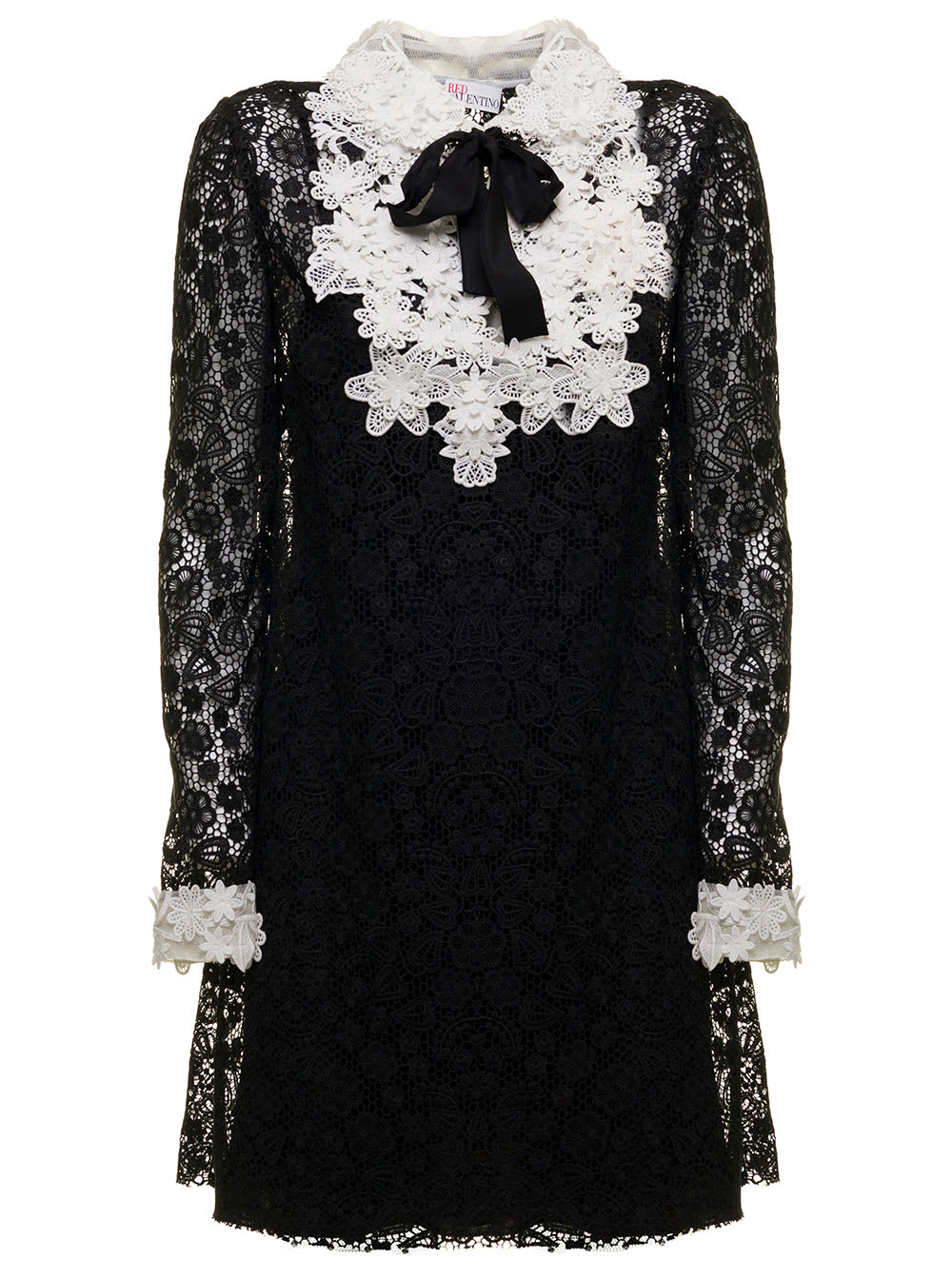 RED VALENTINO BLACK MACRAMÉ DRESS WITH MACRO FLOWERS CREW NECK WOMAN