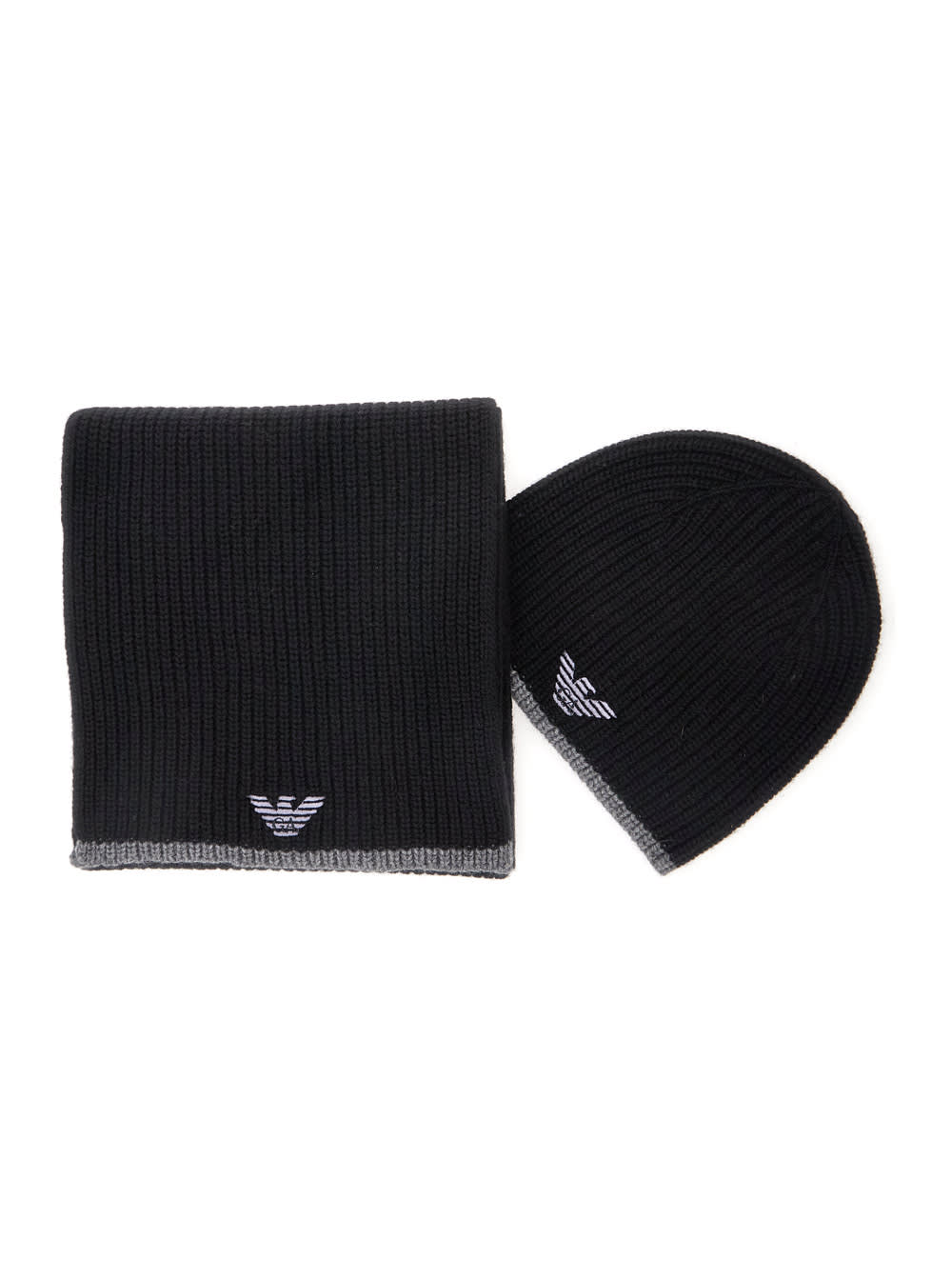 Emporio Armani Black Scarf And Beanie Set With Logo Embroidery In Wool Blend Man In Black