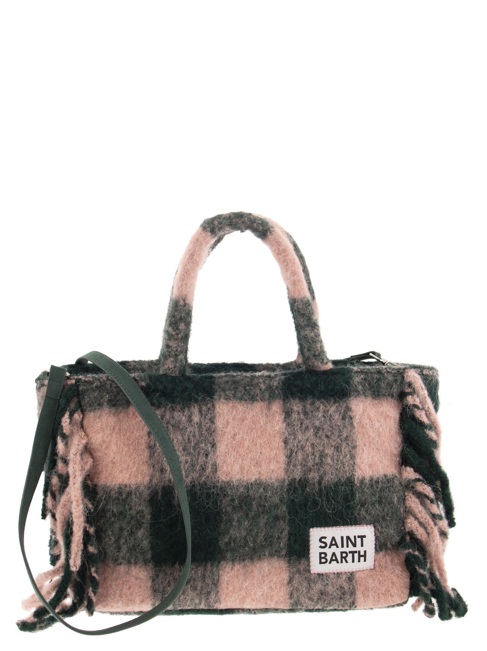 Shop Mc2 Saint Barth Tartan Bag With Fringes In Pink/green