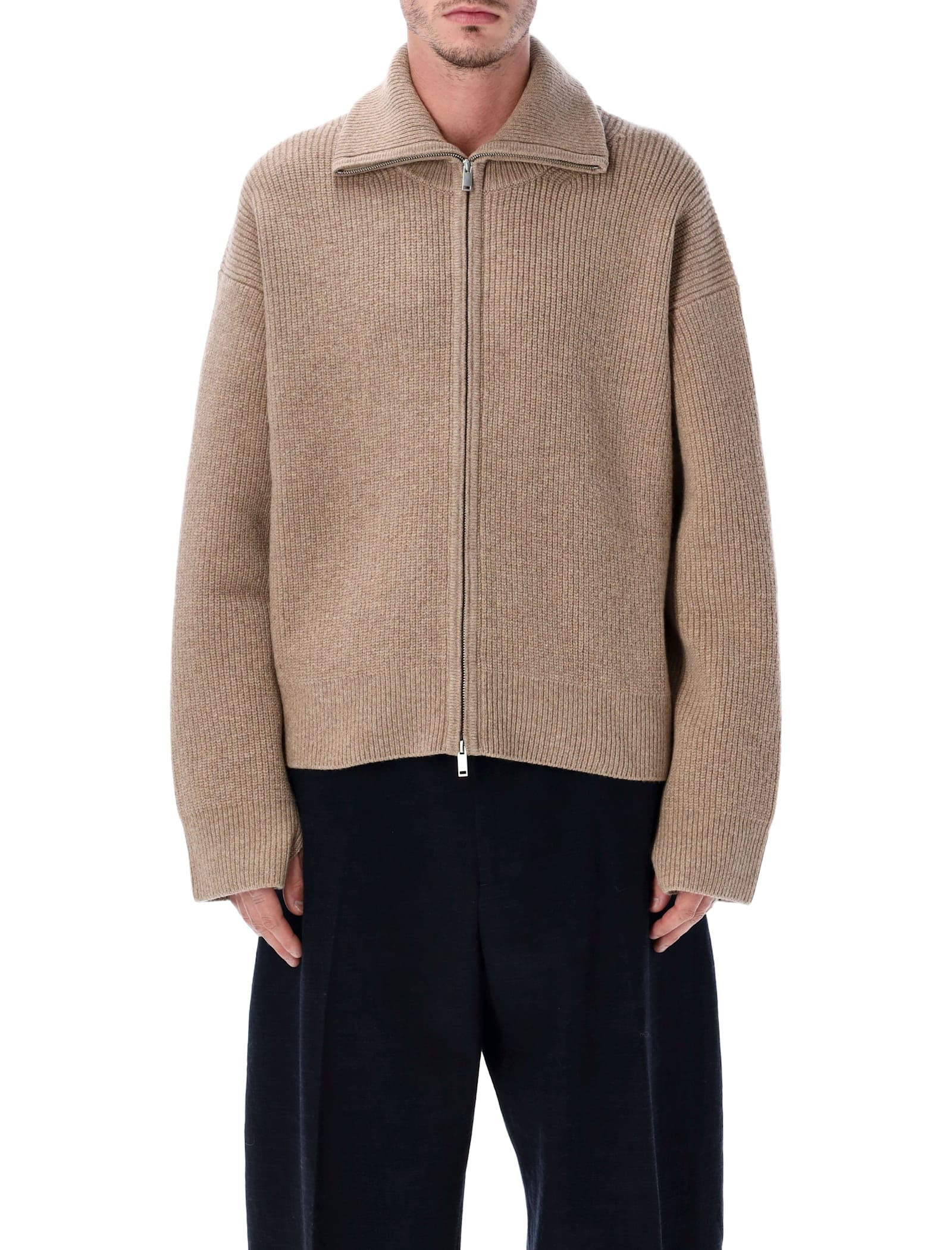 Studio Nicholson Sandos Extrafine Merino Wool Zip Cardigan In Brown