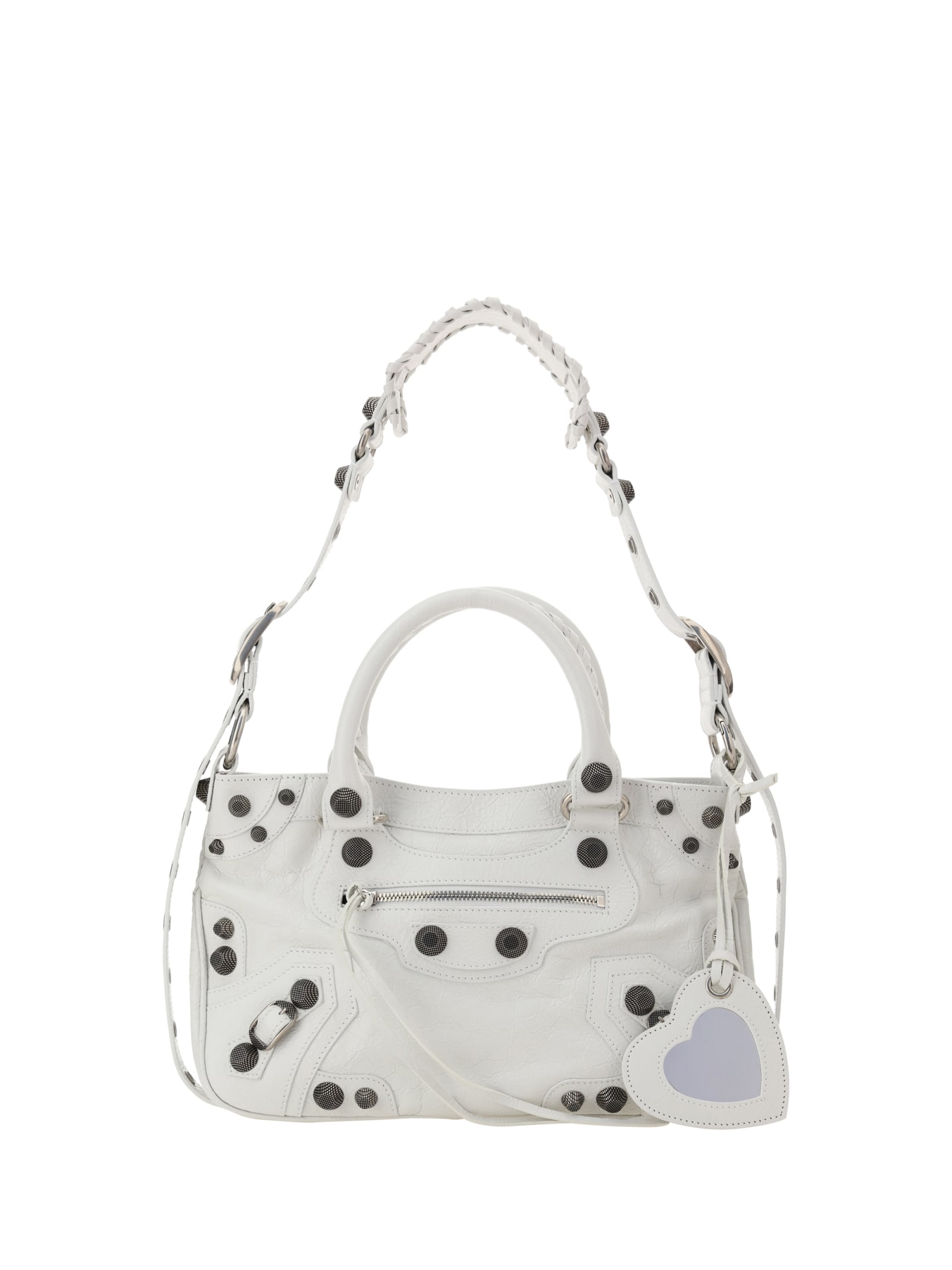 Balenciaga Green Leather Shoulder Handbag With Magnetic Closure And Metal Details In Optic White