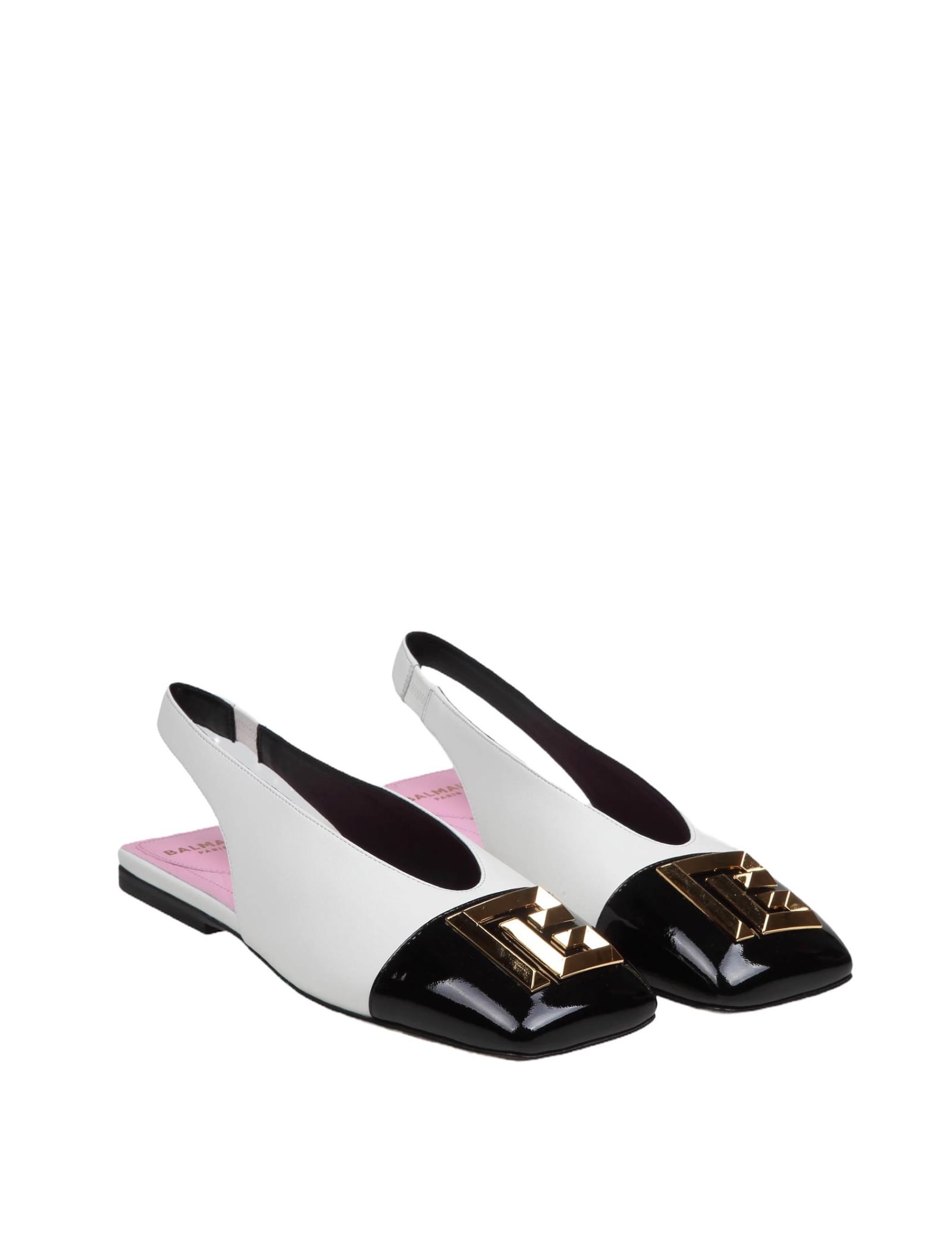 Shop Balmain Slingback Flat Eden In Two-tone Leather In Noir/blanc