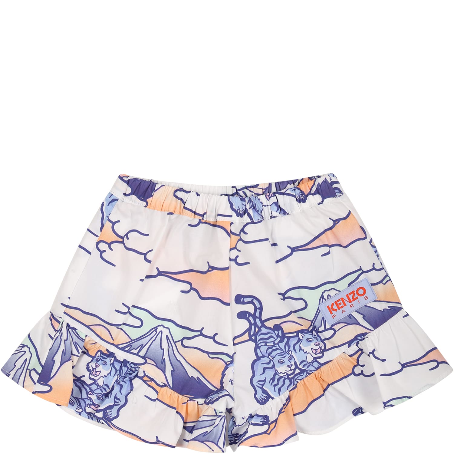 KENZO WHITE SHORTS FOR BABY GIRL WITH MULTICOLOR PRINT AND LOGO