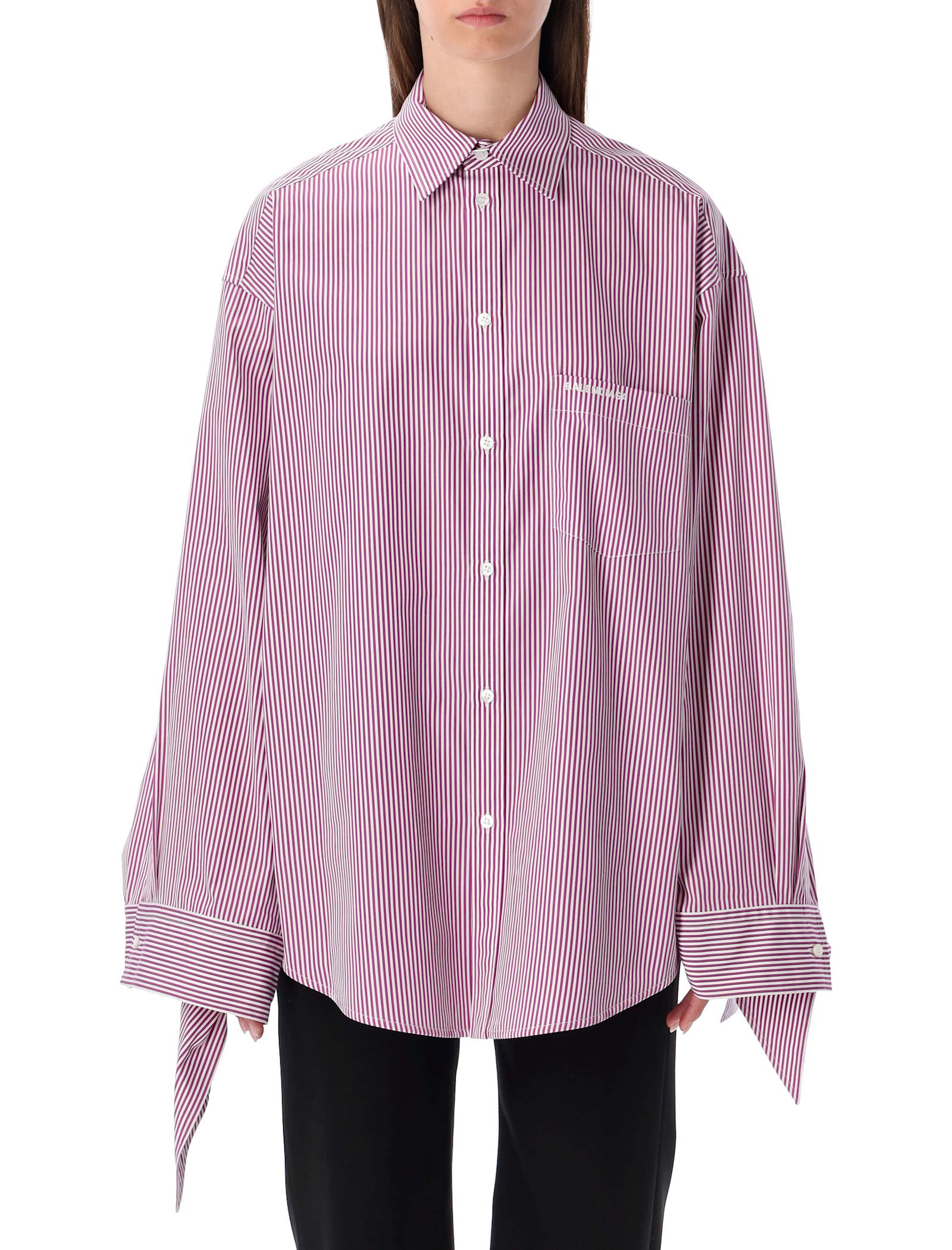 Balenciaga Oversized Striped Cotton Shirt With Knotted Cuffs In Pink