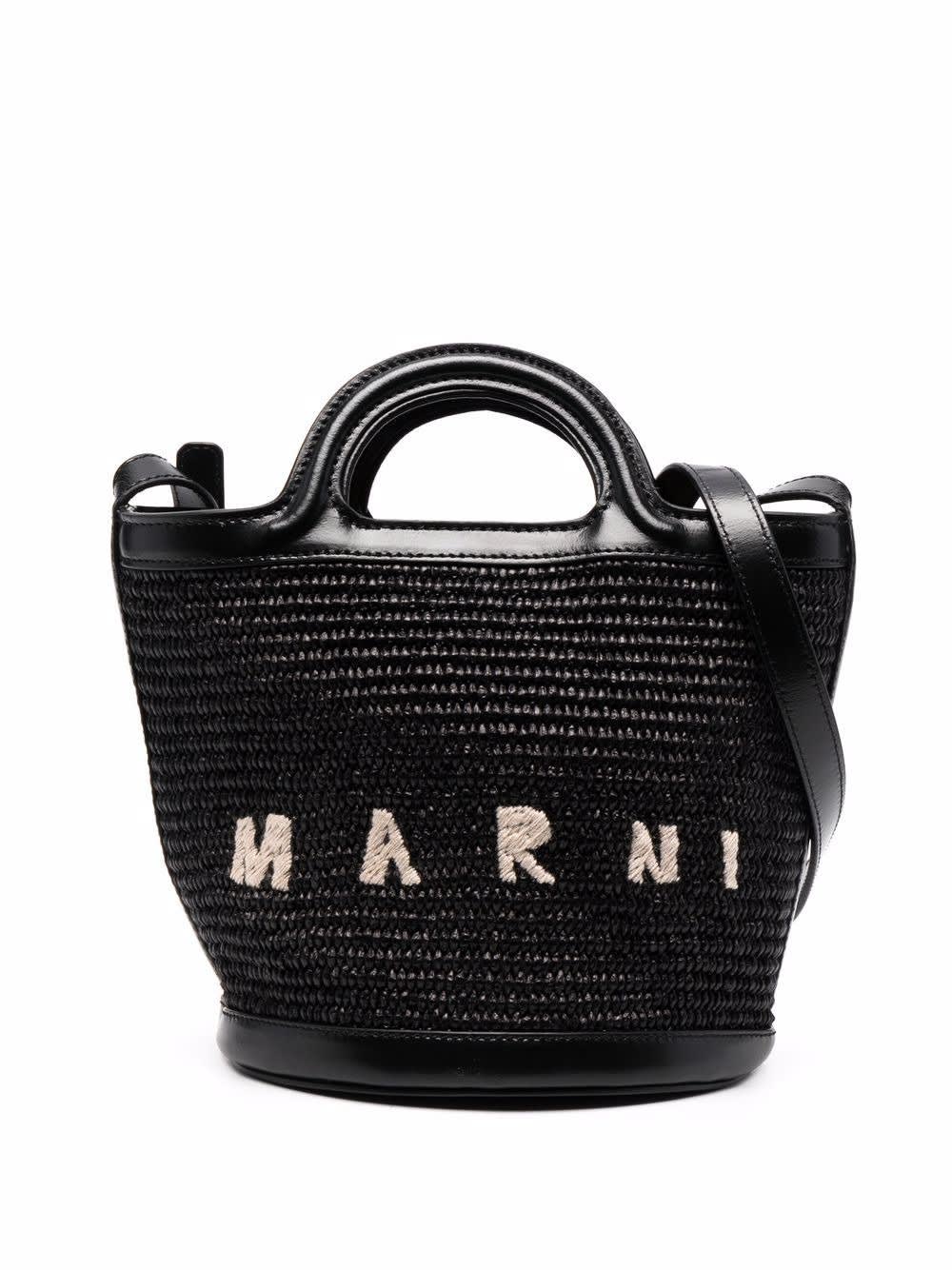 MARNI BLACK TROPICALIA SMALL BAG IN LEATHER AND RAFFIA 